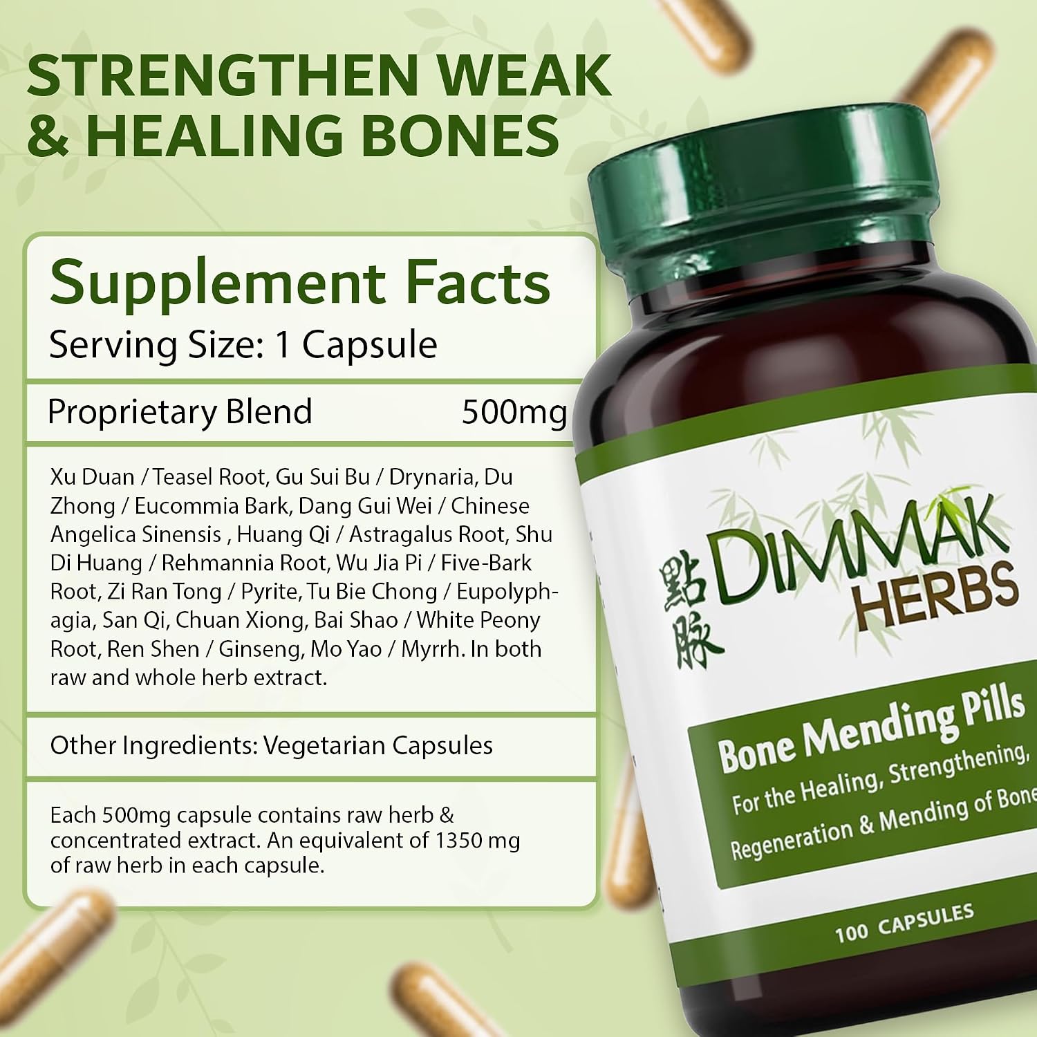 Bone Mending Pills- Rapid Fracture & Broken Bone Healing Supplement- Advanced TCM Formula with Drynaria- Stress Fracture & Osteoblast Support- Organic- 500mg 100 Capsules