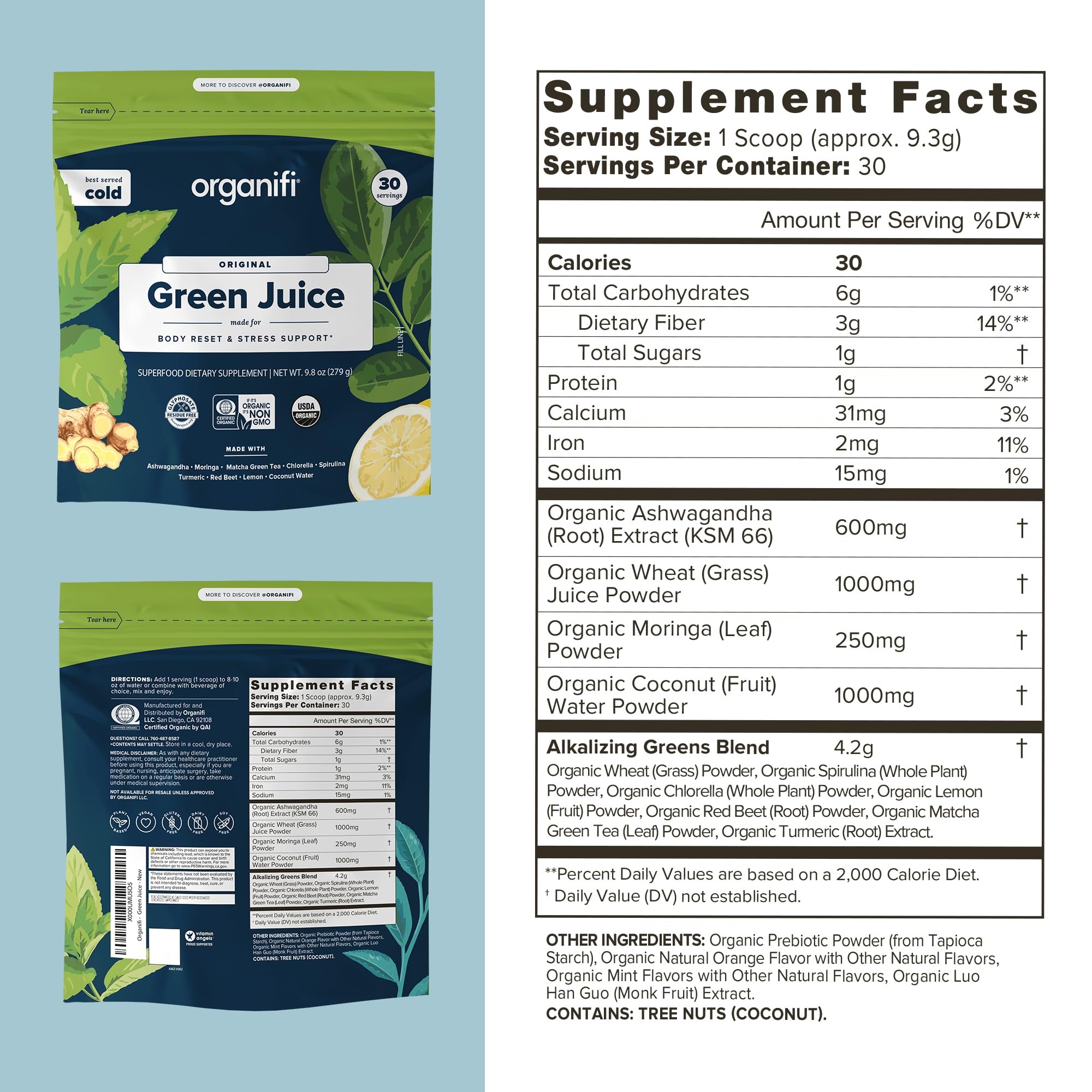 Organifi Green Juice - Powder Supplement with Organic Spirulina, Ashwagandha, and Chlorella - Helps Achieve Fitness Goals and Reduce Cortisol Levels, 30-Day Supply