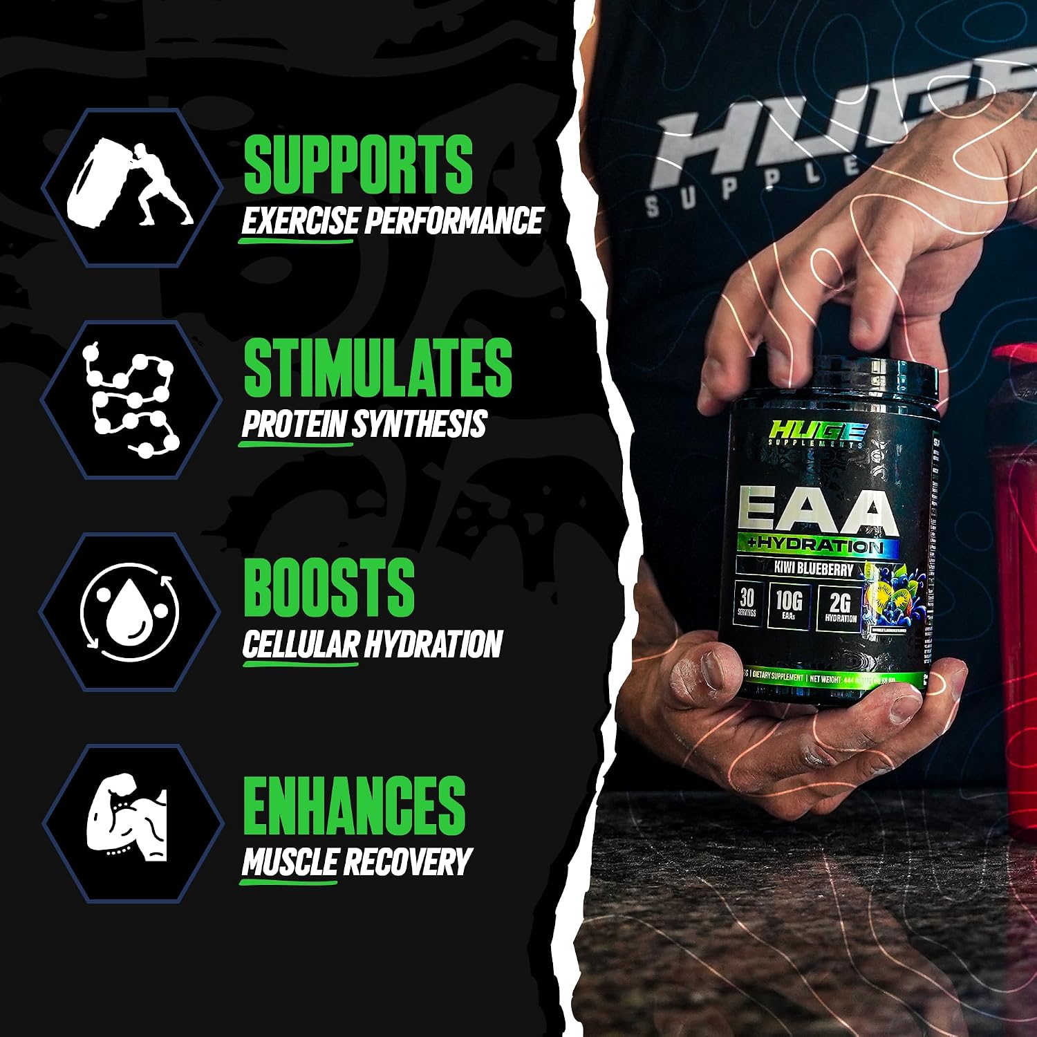 Huge EAA + Hydration, Essential Amino Acids Powder, EAAs & BCAAs, Intra & Post Workout Recovery Powder, Muscle Growth, Recovery & Performance, 10g EAAs & Electrolytes, Kiwi Blueberry, 30 Servings