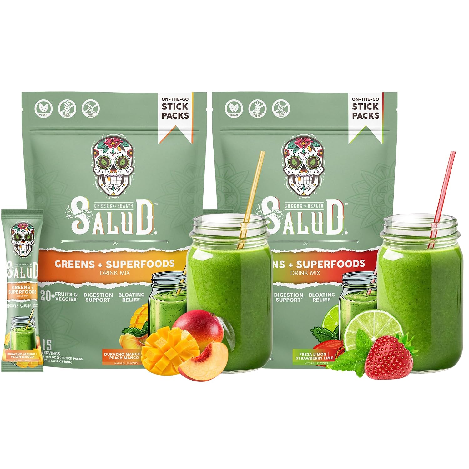 Salud 2-Pack | 2-in-1 Greens Powder + Superfood Drink Mix Packets, Peach Mango & Strawberry Lime, 15 Servings Each, 20+ Fruits and Veggies, Supports Digestive Health, Bloating Relief