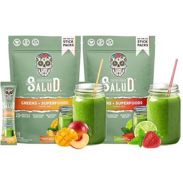 Salud 2-Pack | 2-in-1 Greens Powder + Superfood Drink Mix Packets, Peach Mango & Strawberry Lime, 15 Servings Each, 20+ Fruits and Veggies, Supports Digestive Health, Bloating Relief