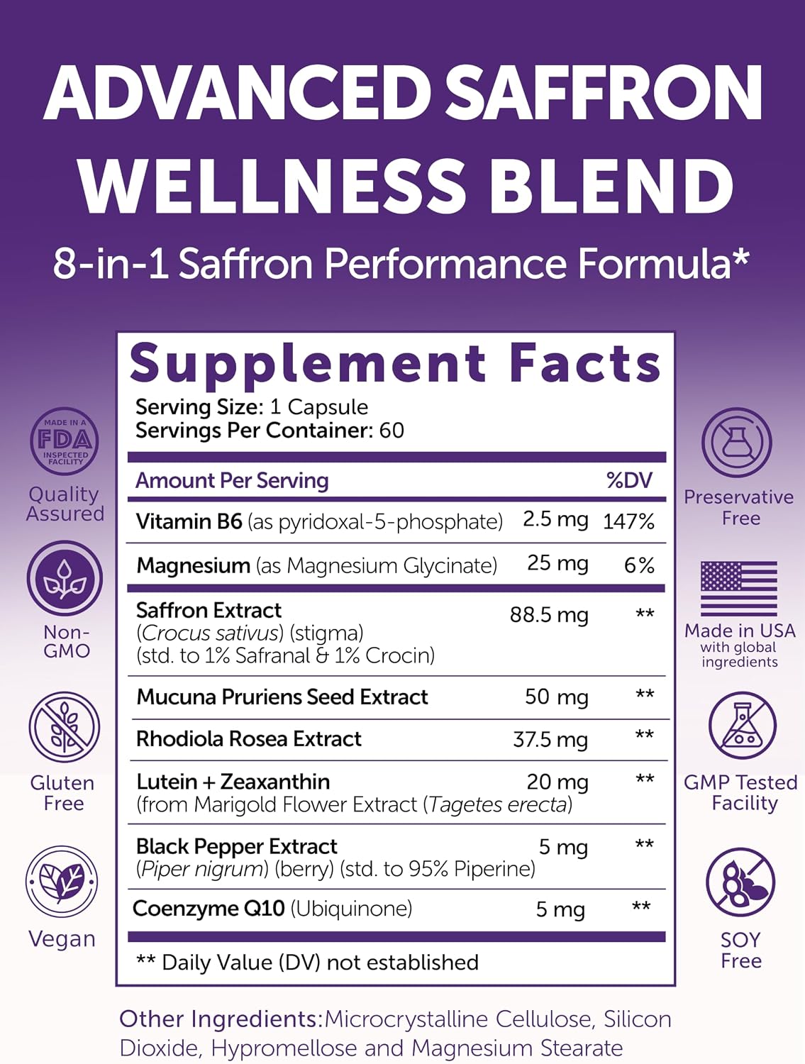 Lunakai USA Made Saffron+ Supplement for Adults, 88.5mg, 60 Day Supply | Non-GMO 8-in-1 Formula Saffron Extract Capsules | Daily Mood & Energy Support for Men & Women