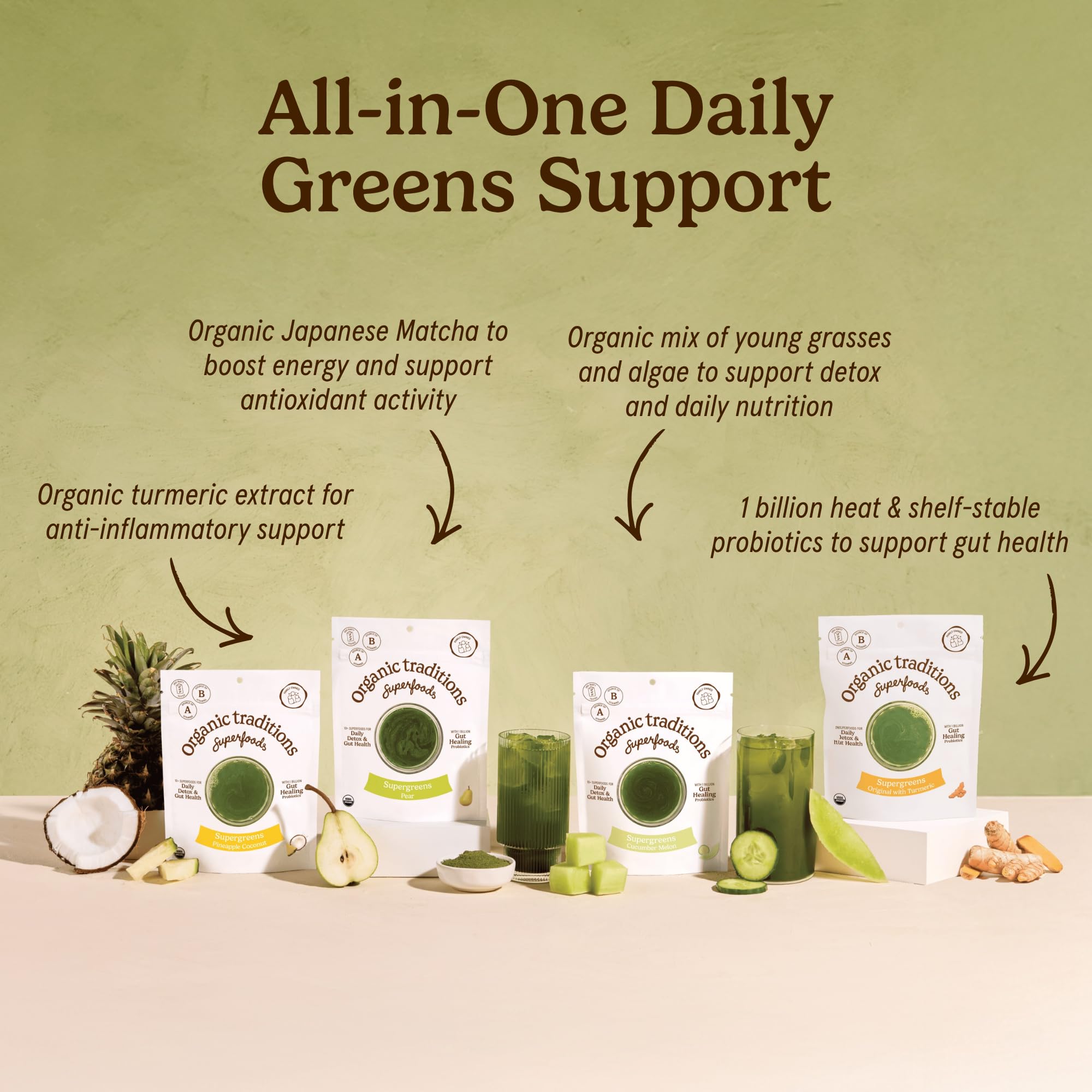 Organic Traditions Super Greens Powder with Turmeric, Organic Greens Superfood Blend with Vitamins Minerals and Probiotics, Plant Based Green Juice Mix for Smoothies and Drinks, 100g / 3.5oz Bag