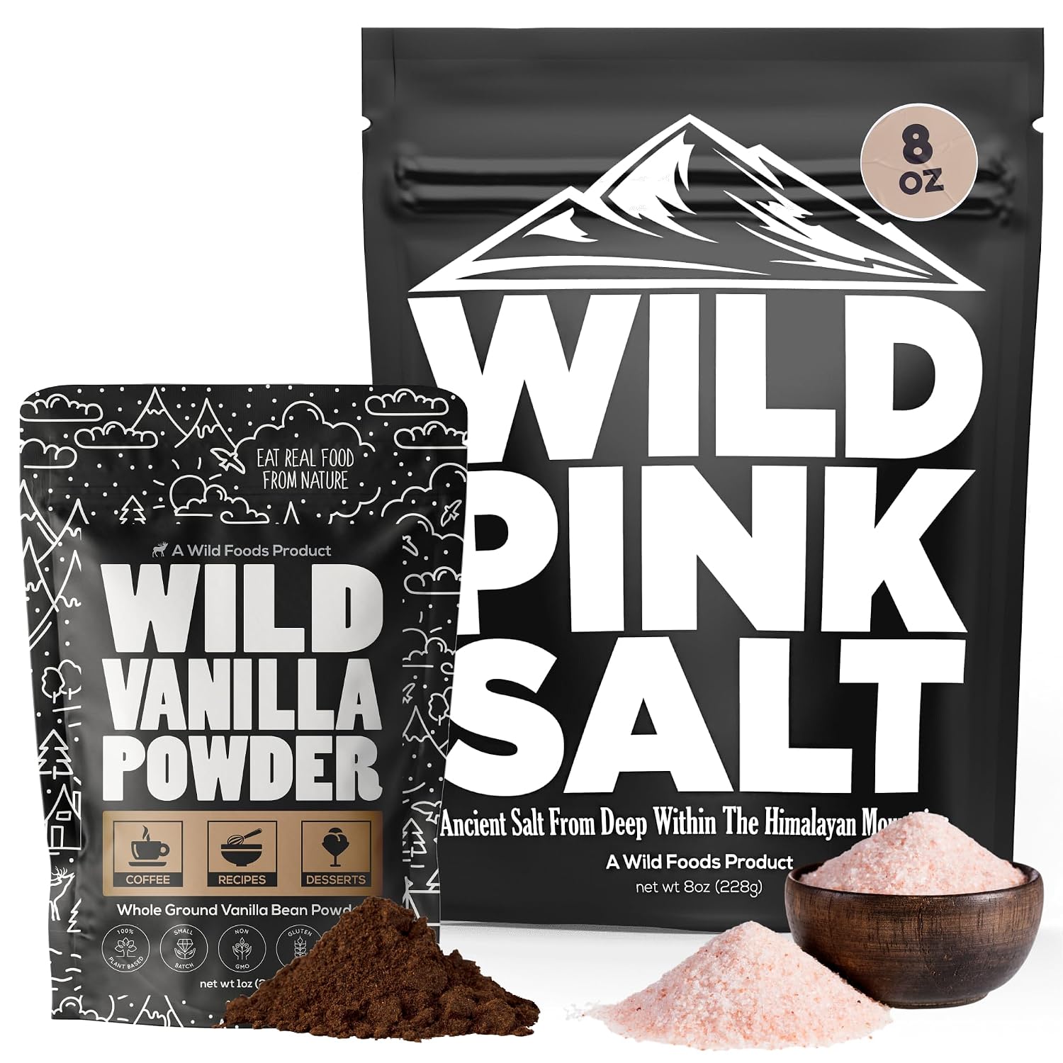 Wild Foods Pink Himalayan Salt (8oz) and Vanilla Bean Powder (1oz) Bundle for Cooking and Baking