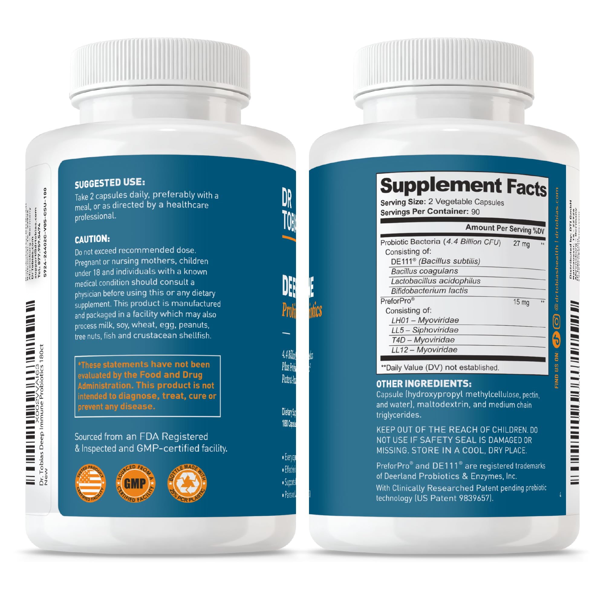 Dr. Tobias Deep Immune Probiotic + Prebiotic 60 Capsules | Gut Health | Dual Action Gut & Immune Support | DE111 Spore Forming Probiotics + PreforPro | Targeted Release | Shelf Stable | 30 Servings