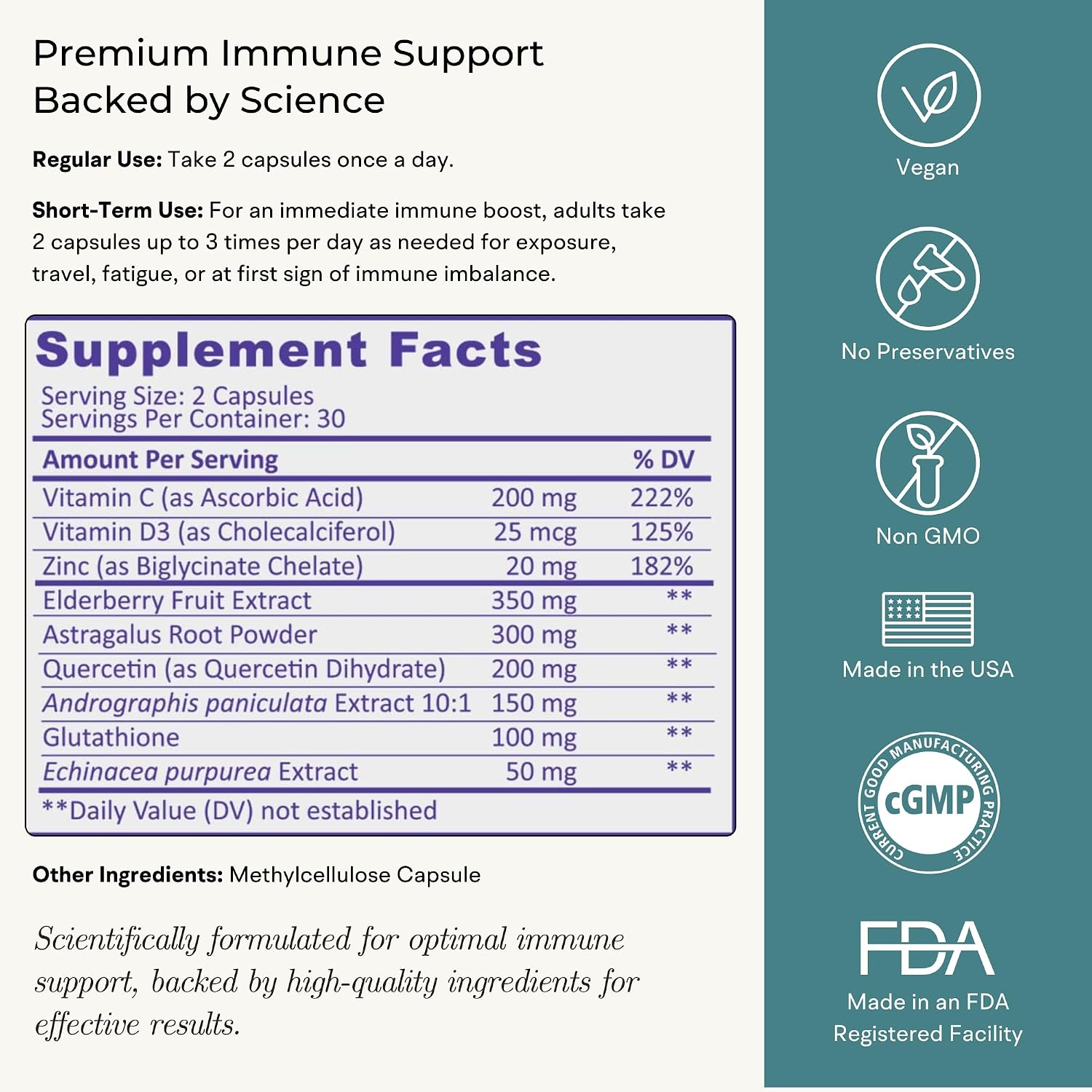Immune Support Supplement with Vitamin C and Zinc, Sambucus Elderberry, Vitamin D3, Glutathione, Echinacea Capsules - Natural Immune Booster Herbal Supplements - Vegan, Gluten-Free (60ct)