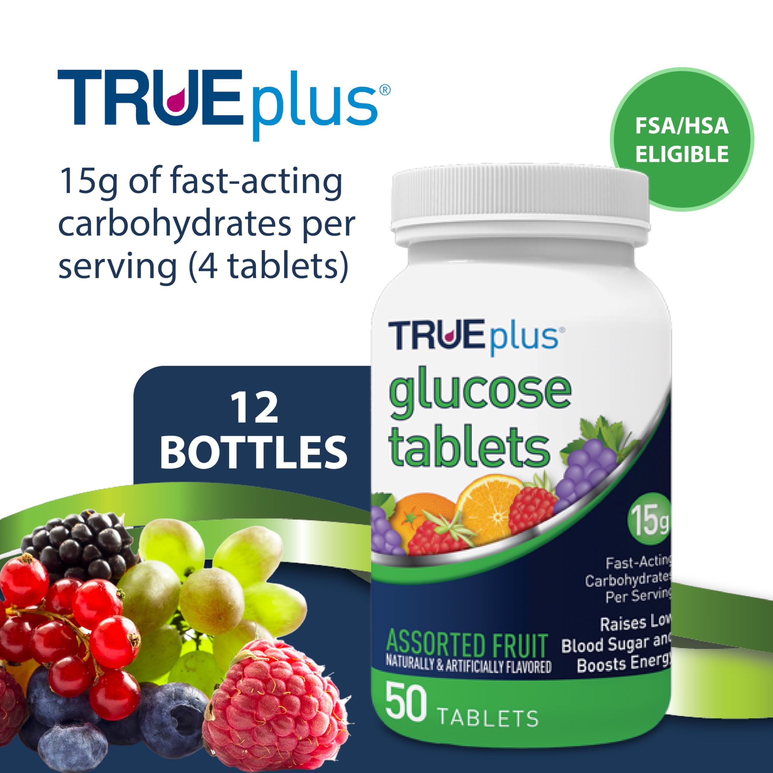 TRUEplus Glucose Tablets, Grape, Raspberry, Orange Flavors, 50 Count | Chewable Tablets, 15g Fast-Acting Carbohydrates, Fat Free, Gluten Free, Boosts Energy, Great Tasting and Easy to Use