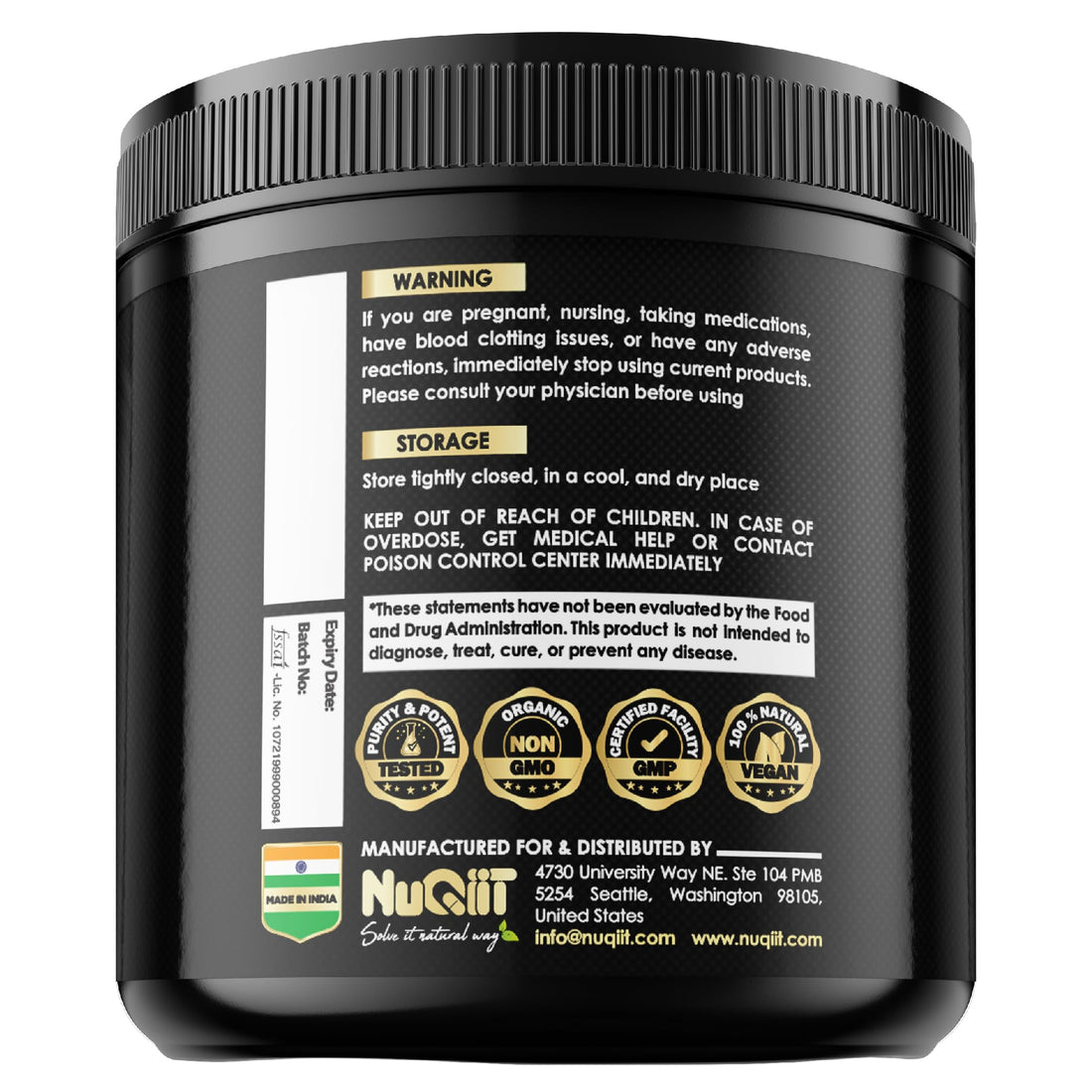 Supplement container labeled 'Irish Sea Moss Ashwagandha' with Nuqit branding on a white background.