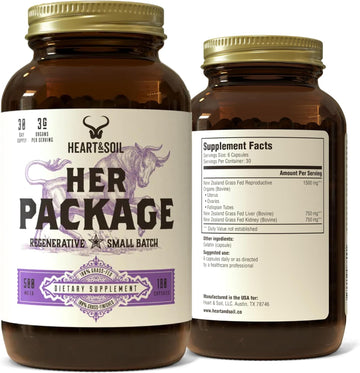 HEART & SOIL Her Package Supplement, 180 Capsules | 100% grass fed & finished ovary, uterus, liver & kidney. Helps maintain hormone balance & reproductive wellness.