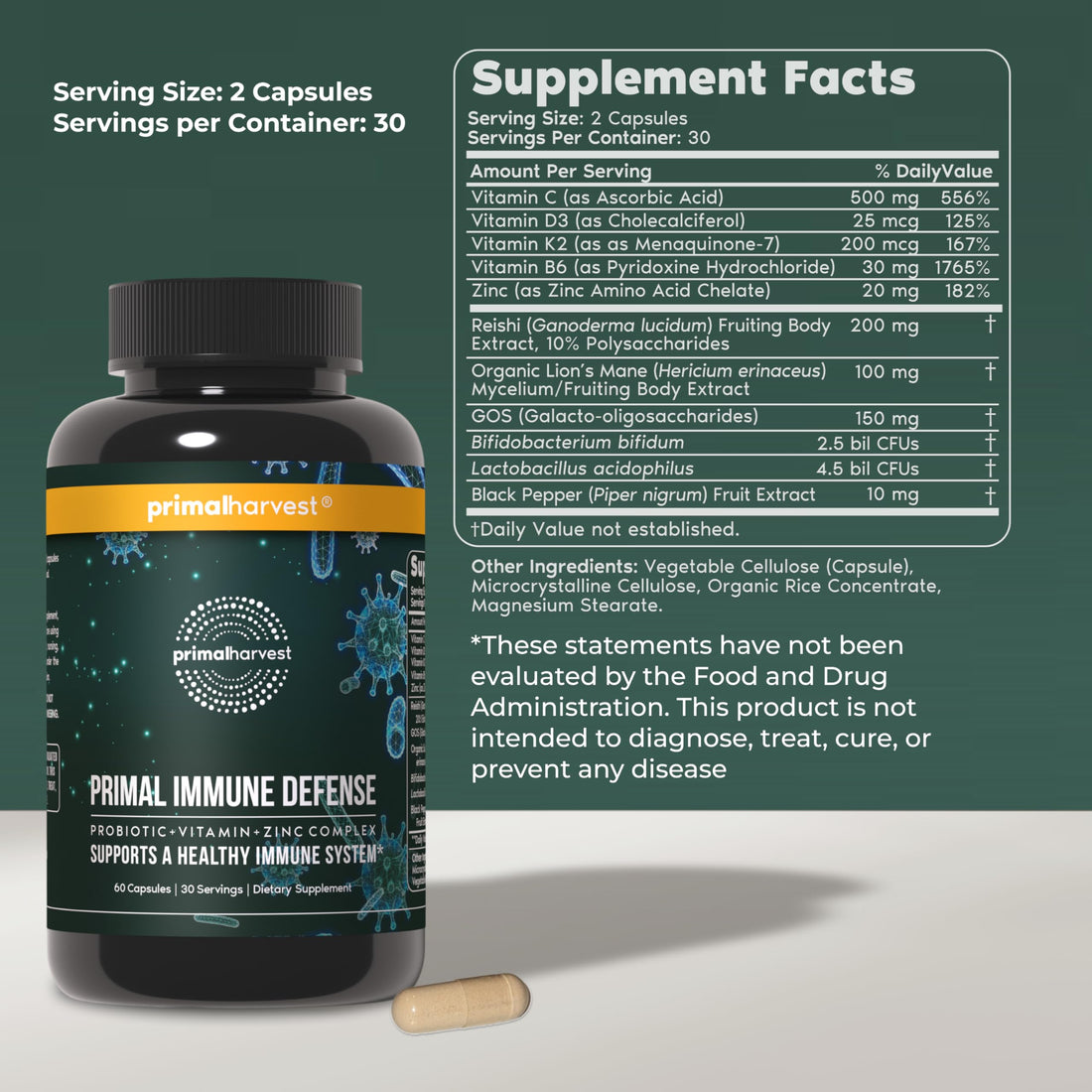 Primal Harvest Immune Defense 10-in-1 Supplement with Probiotics, Zinc, and Vitamins C, D3, K2, B6 Daily Immune Support for Adults Primal Harvest buy supplements Au