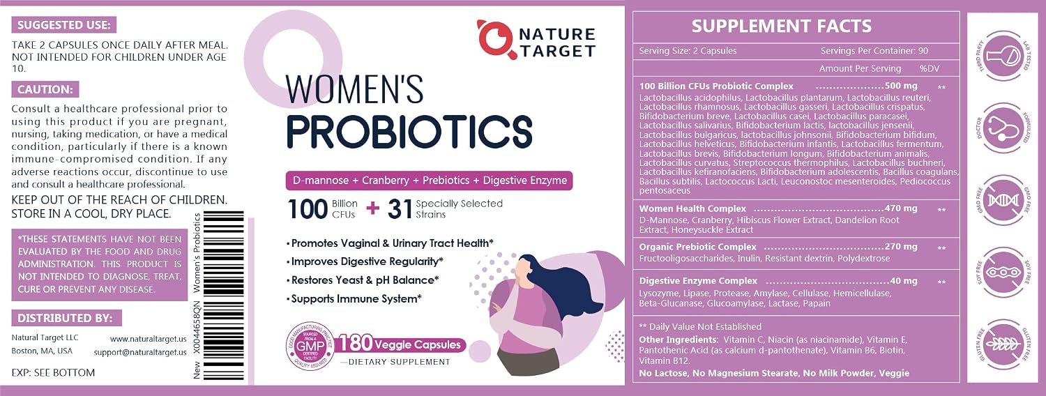 NATURE TARGET Women's Probiotic, 100 Billion CFU, 31 Strains, 90 Servings | With Prebiotic And Enzymes For Digestive Health,Cranberry, D-Mannose Support Urinary Tract & Vaginal Wellness, Shelf-Stable