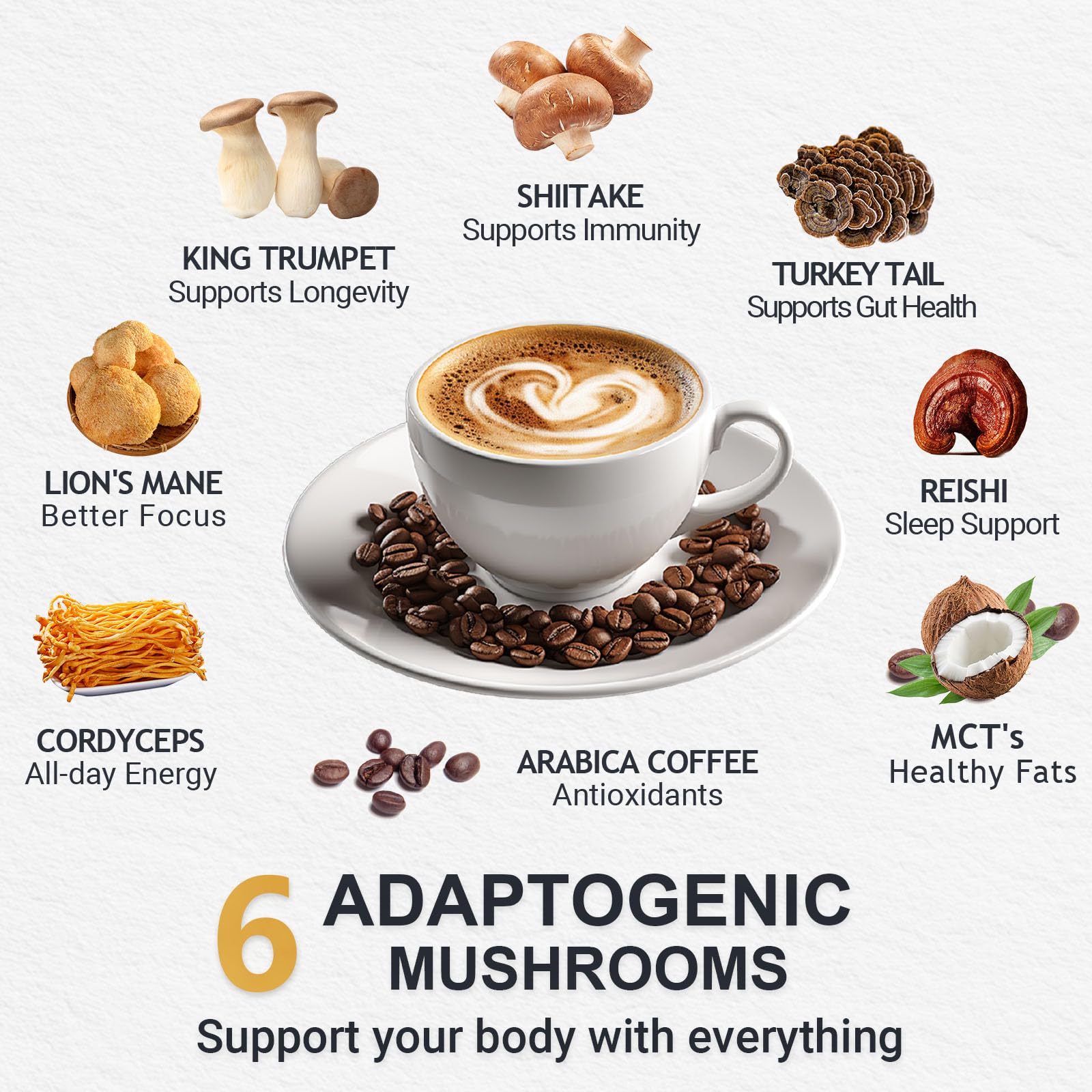 Mushroom Coffee, Instant Mushroom Coffee Organic with 6 Mushrooms Lion’s Mane, Cordyceps, Turkey Tail & Other for Energy, Focus, Digestion, Immunity, 35 Servings