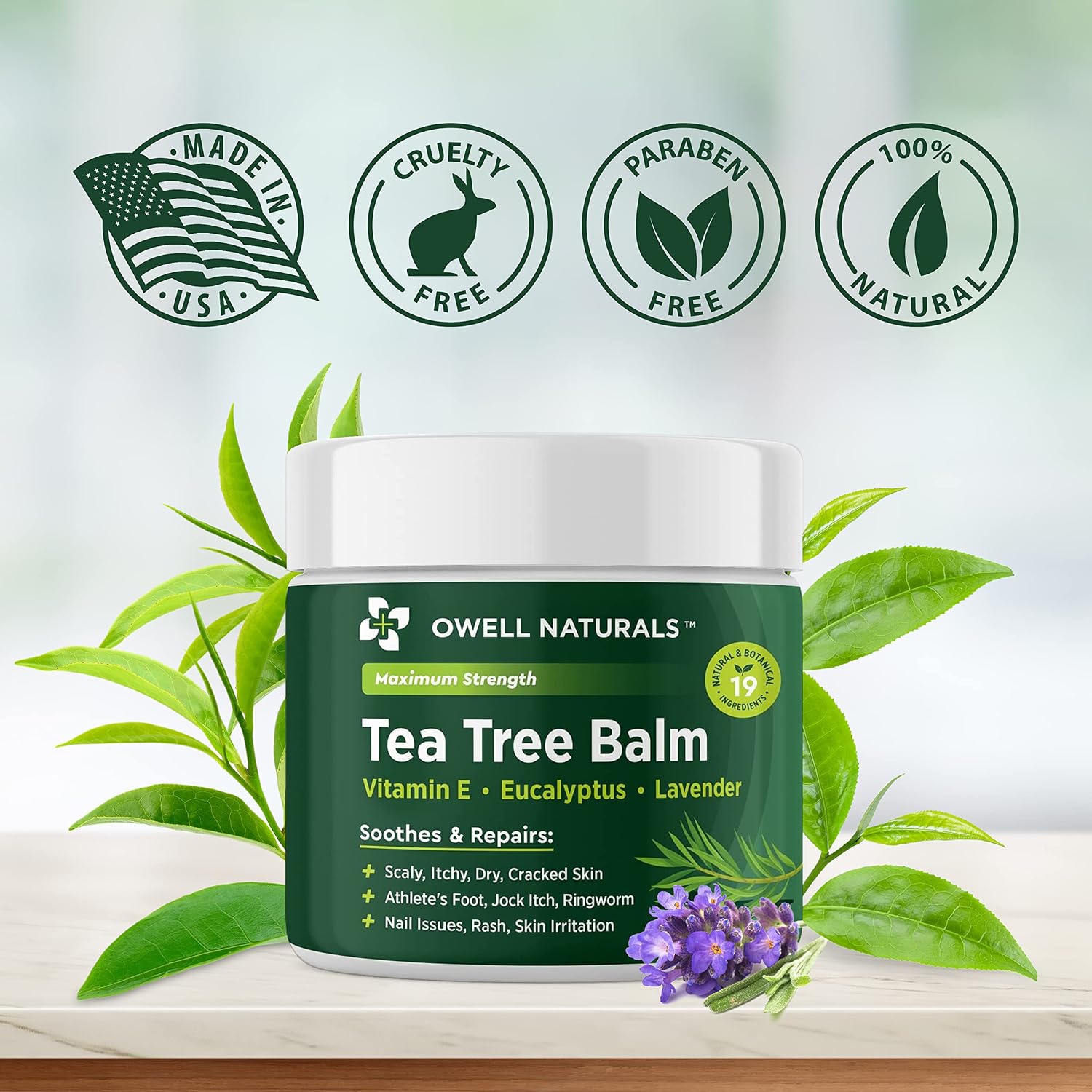Owell Naturals Tea Tree Antifungal Balm – Extra Strength for Athlete’s Foot, Jock Itch, Ringworm & Skin Fungus – Soothing for Itchy, Dry, Cracked Skin, Feet & Body, 2 oz