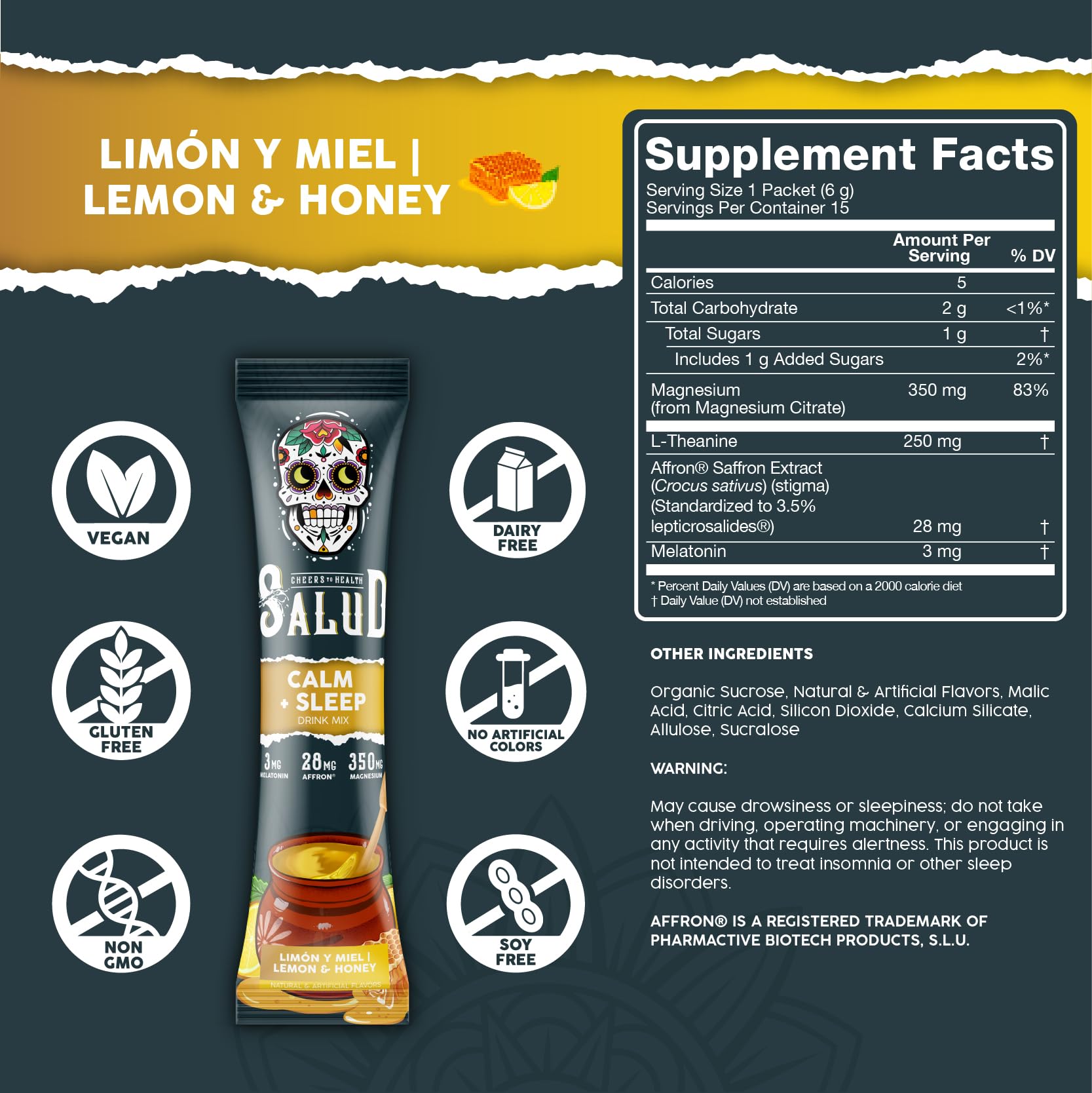 Salud 2-in-1 Sleep Aid + Calm Drink Mix, Punch | Melatonin, Magnesium, Saffron Extract, L-Theanine, Non-GMO, Gluten Free, Vegan, Low Calorie, 1g of Sugar (15 Servings)
