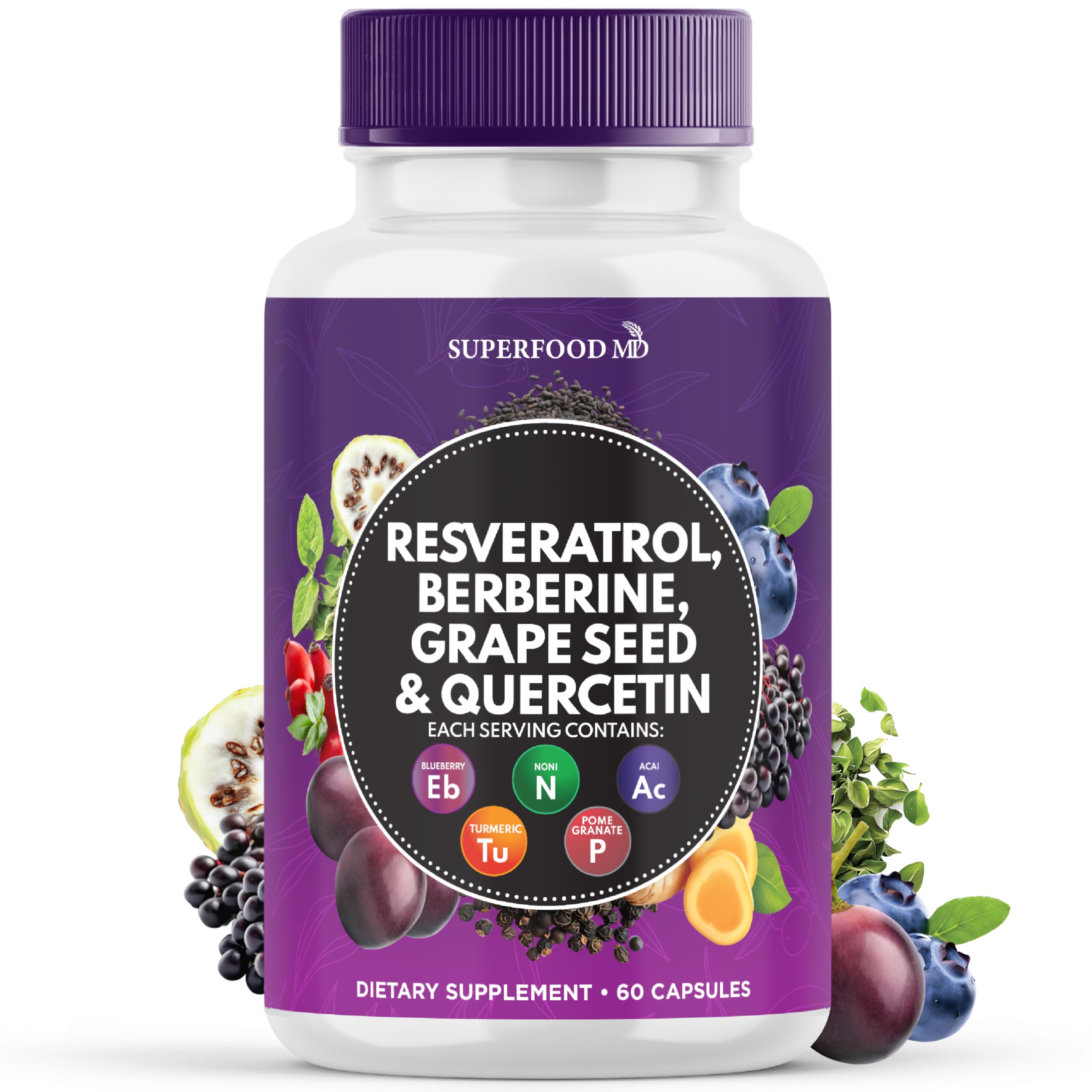 Resveratrol Berberine Grape Seed Extract Quercetin - Polyphenol Supplement with Noni Extract, N-Acetyl Cysteine, Acai Extract - Made in The USA - 120 Capsules