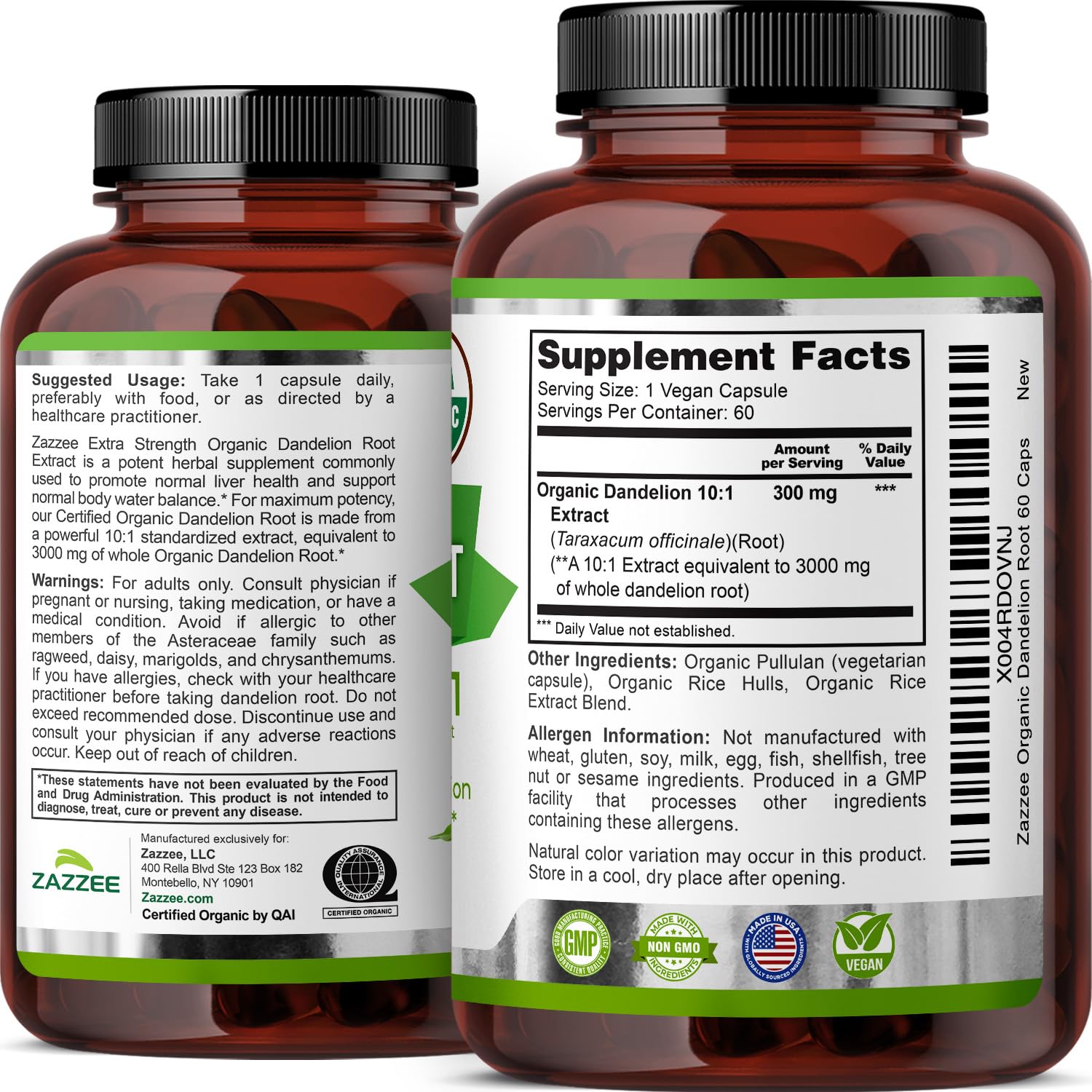 Zazzee USDA Organic Dandelion Root 10:1 Extract, 120 Capsules, 4 Month Supply, Liver & Detox Support, Taraxacum Officinale, Organic Herbal Supplement, All-Natural, Non-GMO, Made in the USA