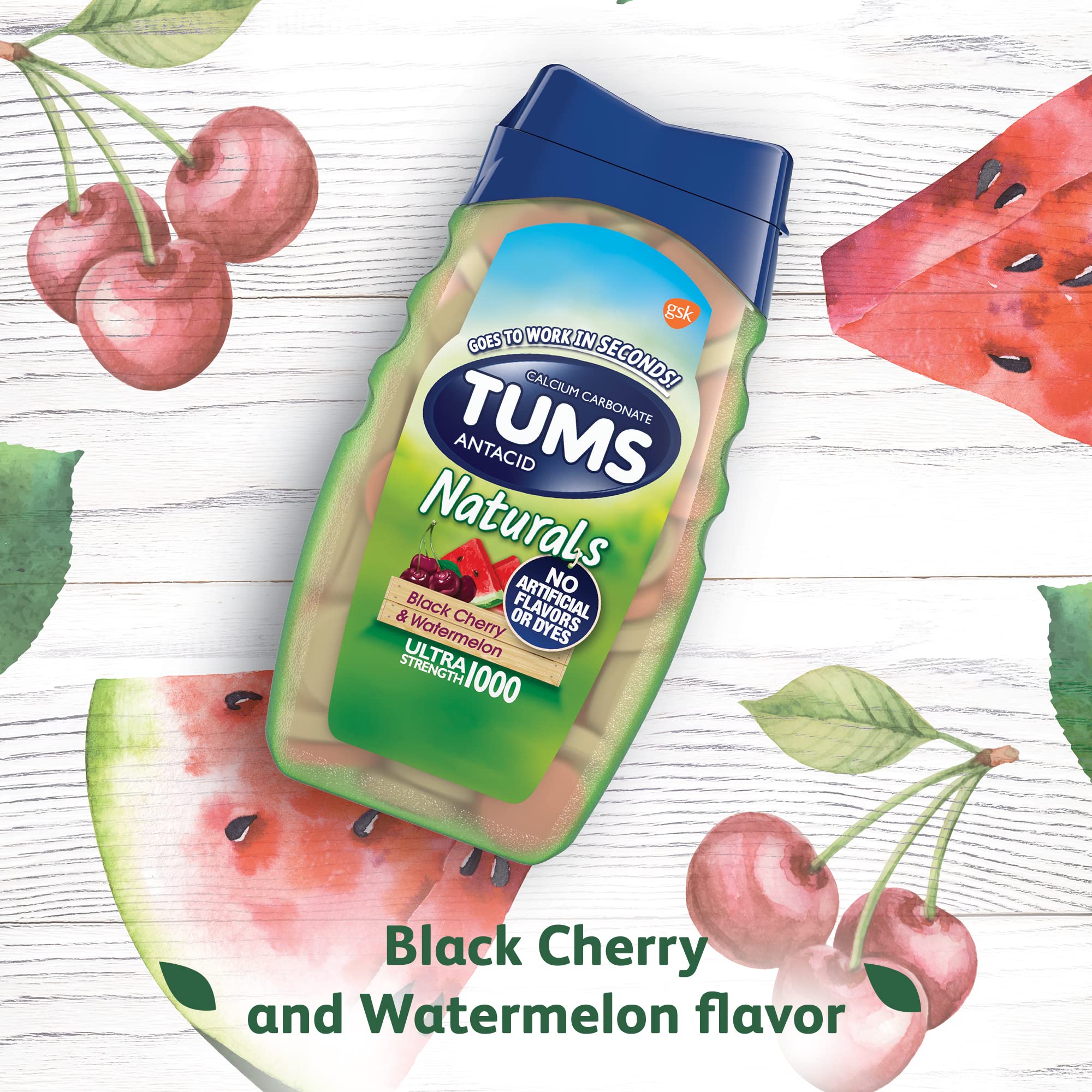 TUMS Naturals Ultra Strength Antacid Chews for Heartburn Relief, Great for a Summer BBQ - Black Cherry & Watermelon - 190 Count TUMS buy supplements Au