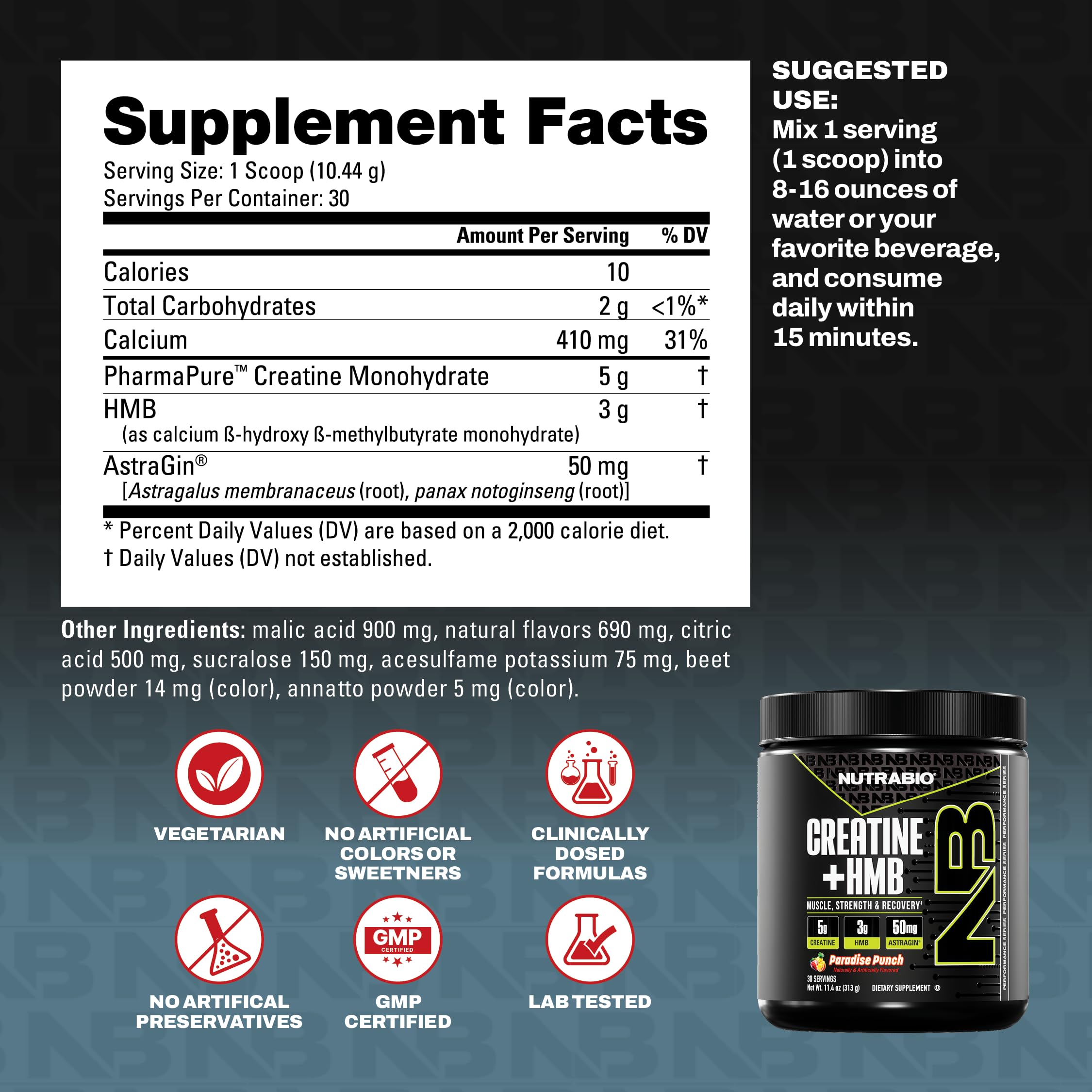 NutraBio Creatine + HMB- Creatine Monohydrate with HMB Powder for Muscle Growth, Increased Strength- 30 Servings (Unflavored)