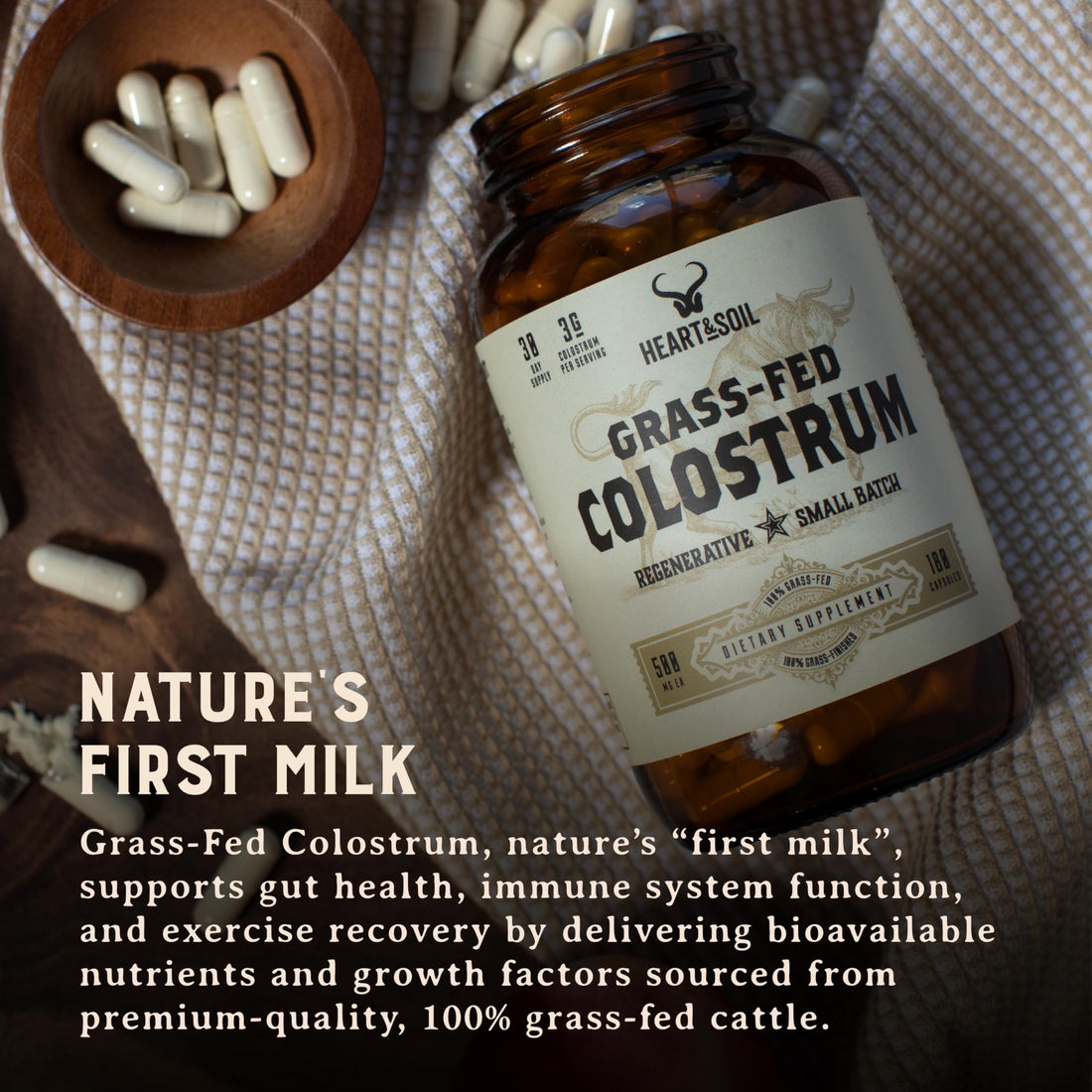 HEART & SOIL 100% Grass Fed & Finished Colostrum Supplement from Regenerative Cattle for Gut, Muscle & Immune Health – 3000mg Bovine Colostrum Capsules - Gut Health for Men & Women –180 Capsules HEART & SOIL buy supplements Au