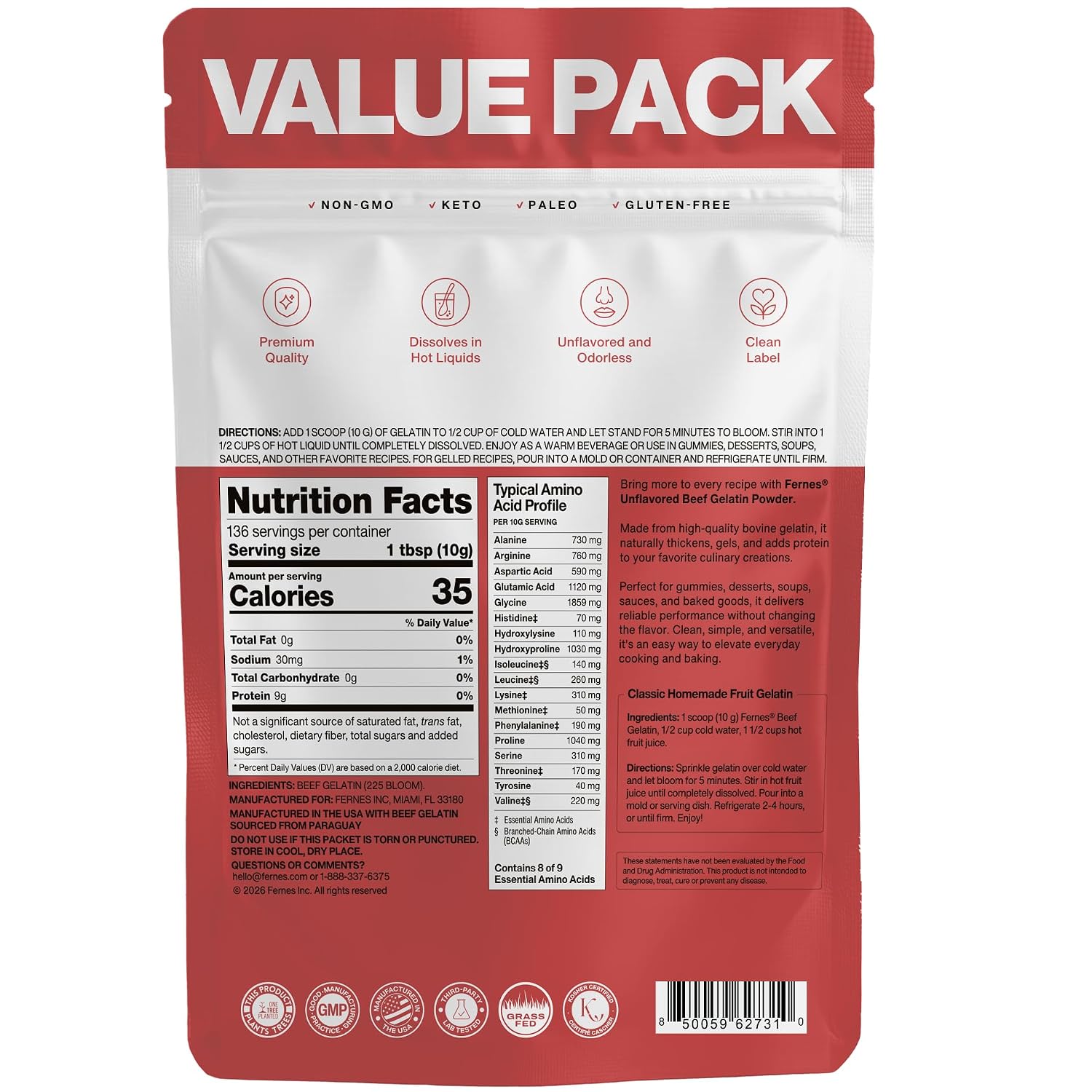 Fernes Beef Gelatin Powder (3 LB) Unflavored - Grass-Fed & Pasture-Raised, 225 Bloom Thickening Agent for Gummies, Marshmallows, Jellies, Desserts & Baking - Keto, Paleo, Non-GMO, Kosher, Gluten-Free
