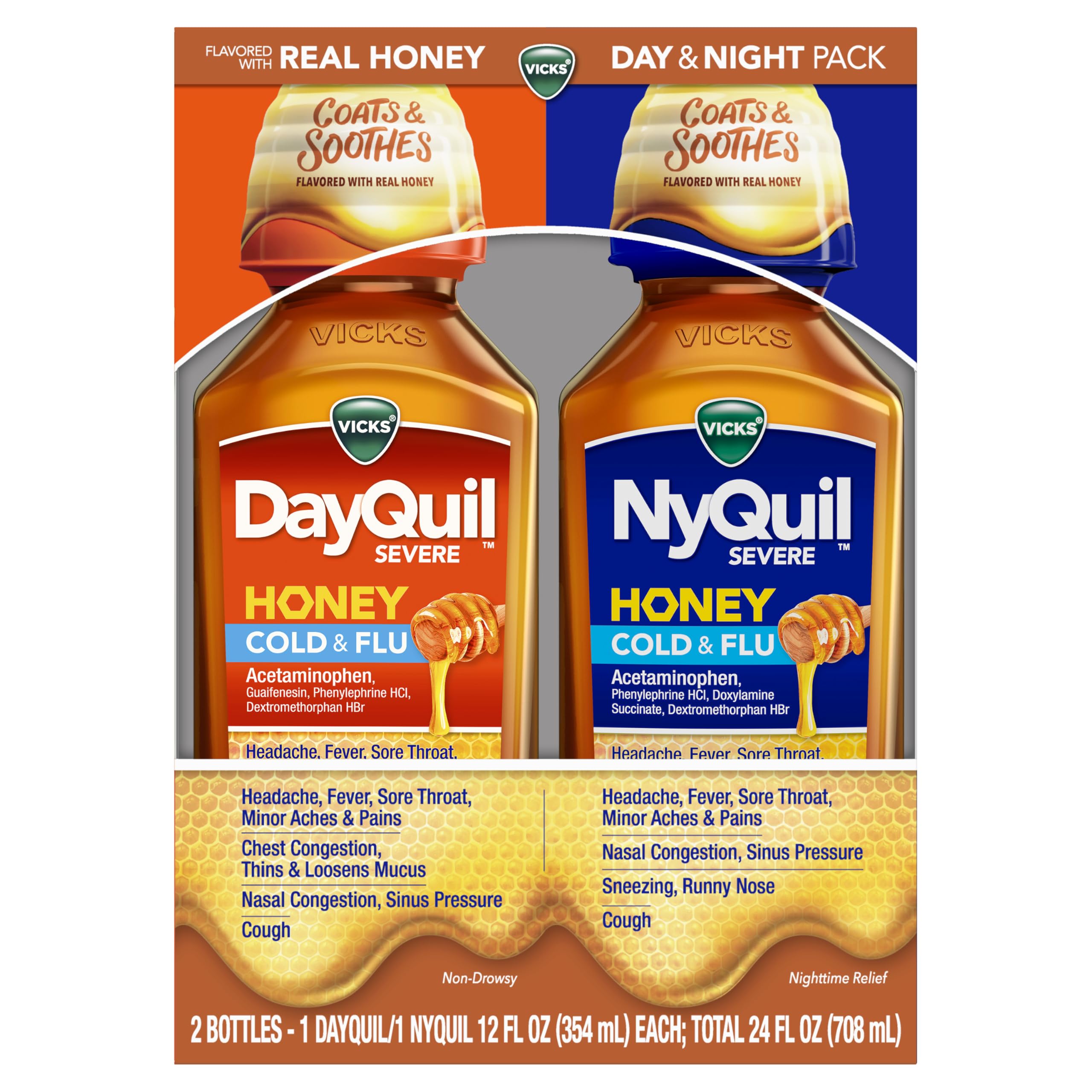 Vicks Dayquil & Nyquil Severe Honey Flavor Co-Pack, Cold & Flu Medicine, Relieves Headache, Fever, Sore Throat, Minor Aches & Pains, Nasal Congestion, Sinus Pressure, Stuffy Nose, And Cough, 2X12Oz Vicks buy supplements Au