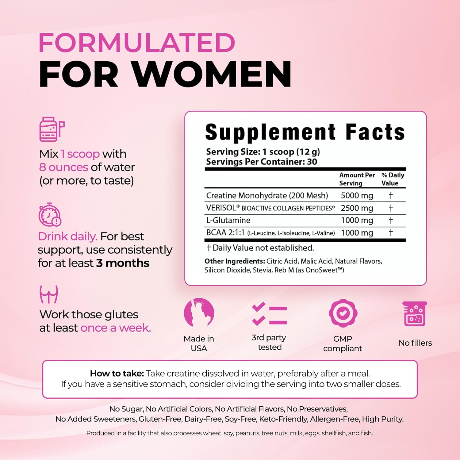 Bold Buns Creatine for Women – Supplement with Collagen & BCAA – Supports Muscle Development, Post-Workout Recovery, Skin Elasticity, Healthy Hair & Nail (30 Servings, Unflavored)
