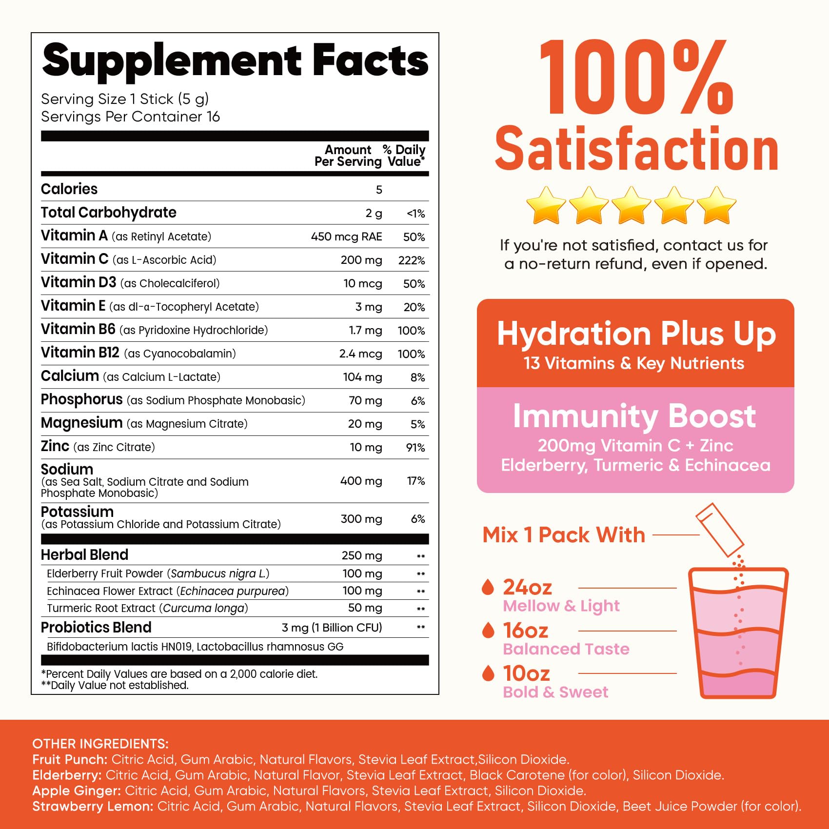 Venture Pal Sugar Free Hydration Packets+Immune-Liquid Daily IV Drink Mix | Electrolyte Powder with 7 Electrolytes & 6 Vitamins, Probiotics + Elderberry | Non-GMO, Keto Friendly, Vegan | 16 Sticks