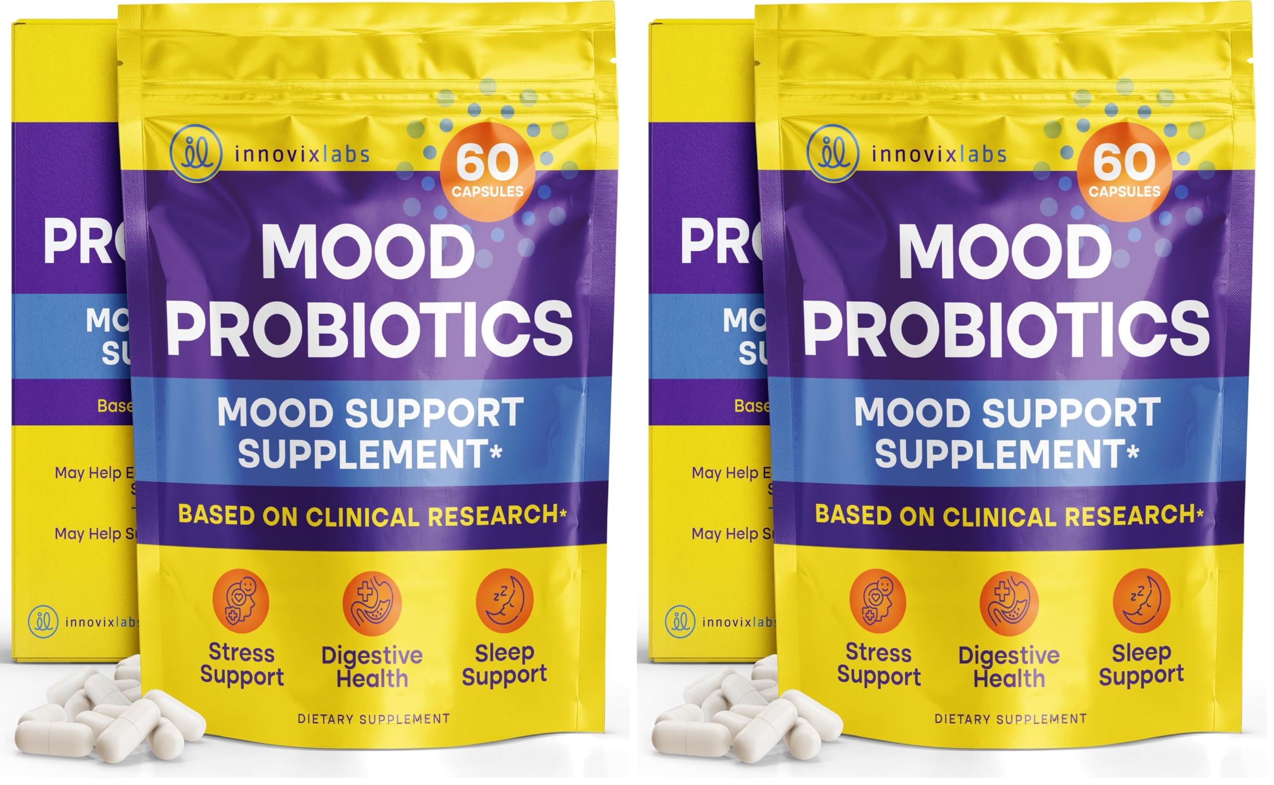 InnovixLabs Mood Probiotic for Women & Men, Clinically Studied Digestive & Mood Support Supplement, Lactobacillus helveticus Rosell-52ND & Bifidobacterium longum Rosell-175, 60 Capsules