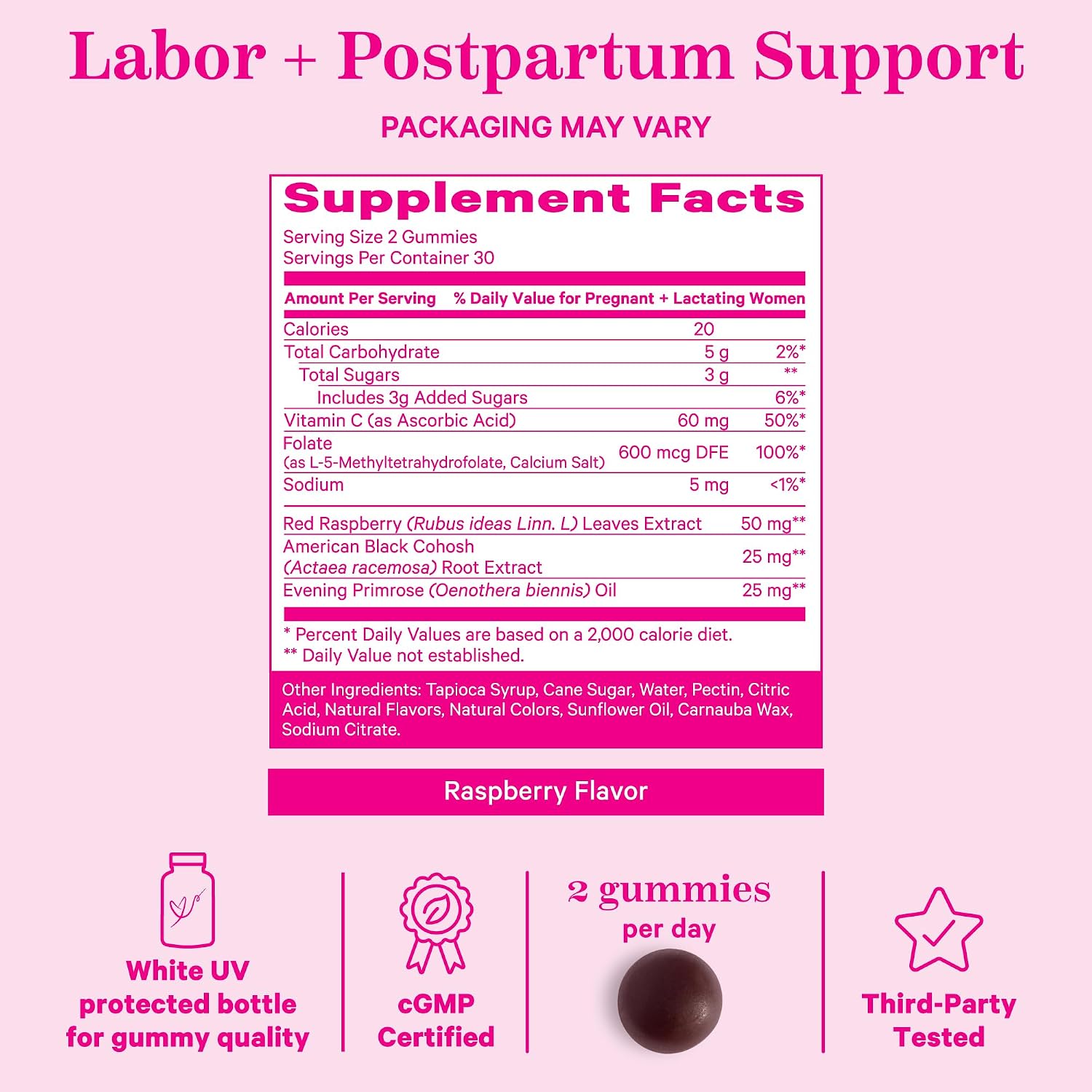 Pink Stork Red Raspberry Leaf Gummies for Labor Prep, 60 Count | Evening Primrose Oil + Black Cohosh, Pregnancy + Postpartum Mood Essentials, Vegan, Non-GMO
