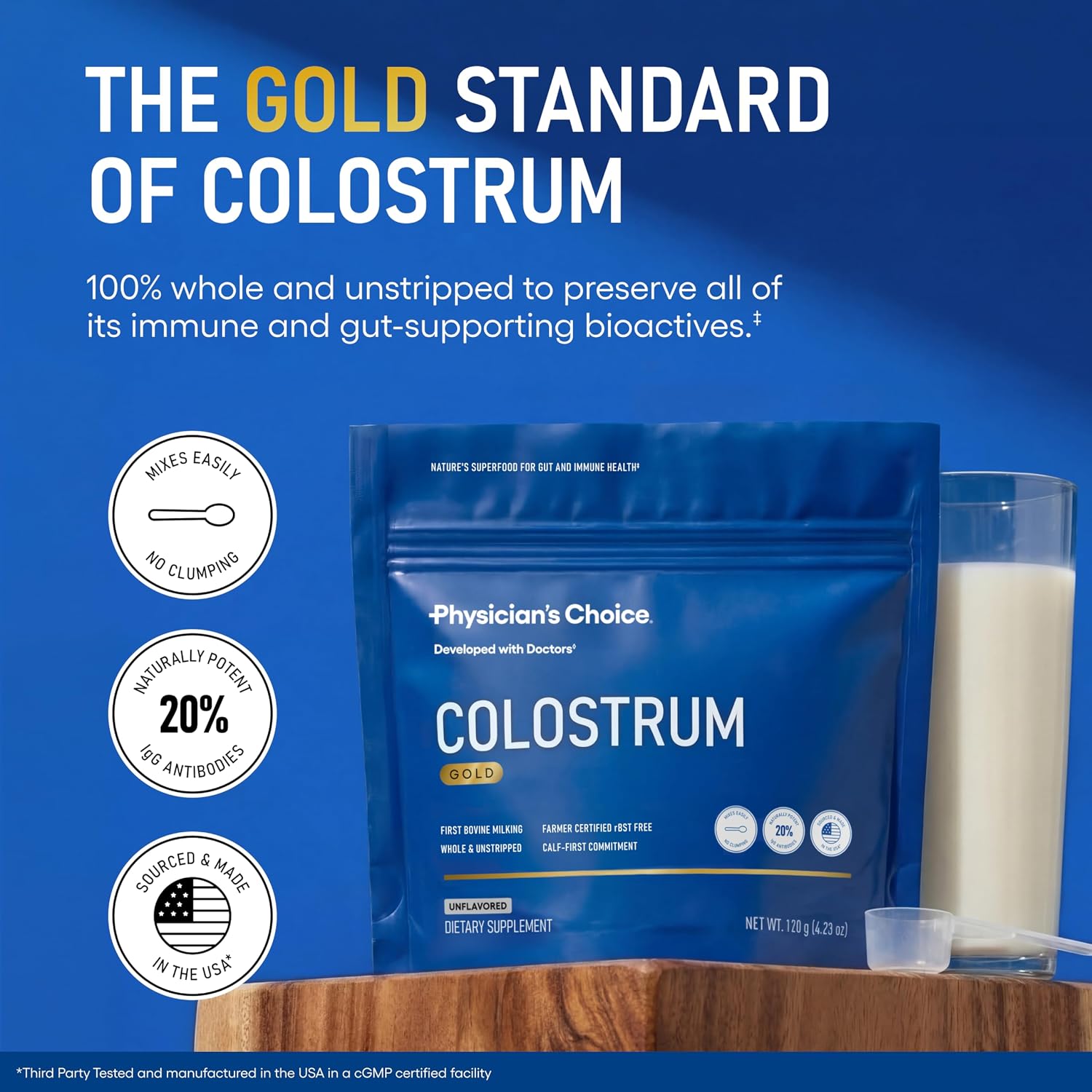 Physician's CHOICE Colostrum Gold Powder - First-Day Milking for Gut & Immune Support - Potent IgG Antibodies & Bioactive Nutrients - Whole & Unstripped - Easy to Mix - Made in the USA - 60 Servings