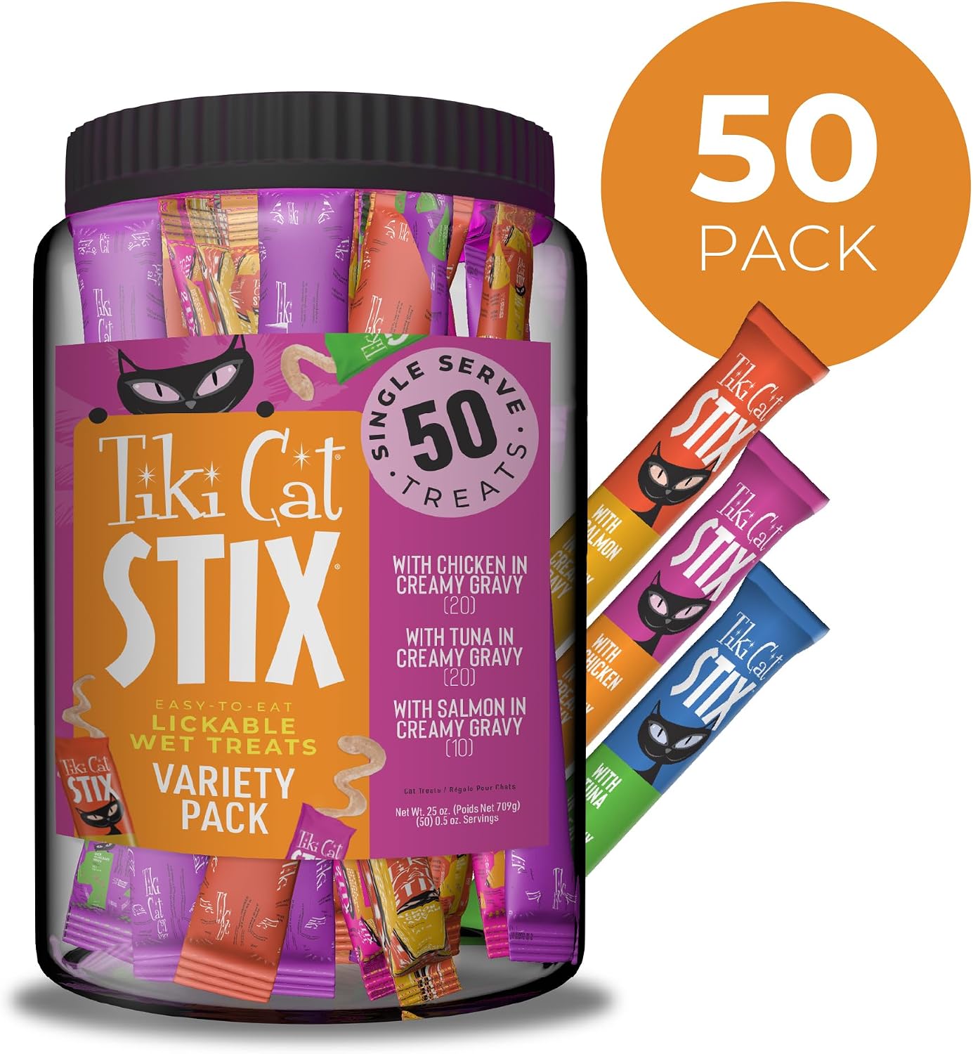 Tiki Cat Stix Mousse Treats, Single Serve Indulgent Lickable Treat or Dry Food Topper, Variety Mega Jar, 0.5 oz. Servings (50 Count)