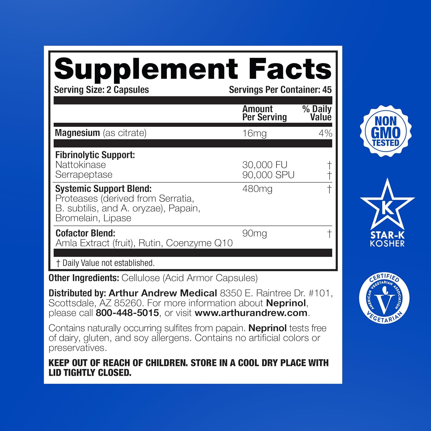 Arthur Andrew Medical, Neprinol AFD, Multi Enzyme Blend with Serrapeptase & Nattokinase, 90 Count (Pack of 1) | Highly Potent Systemic Enzyme Blend Featuring Nattokinase (15,000 FU) & Serrapeptase (45,000 SPU). Heart & Immune Support