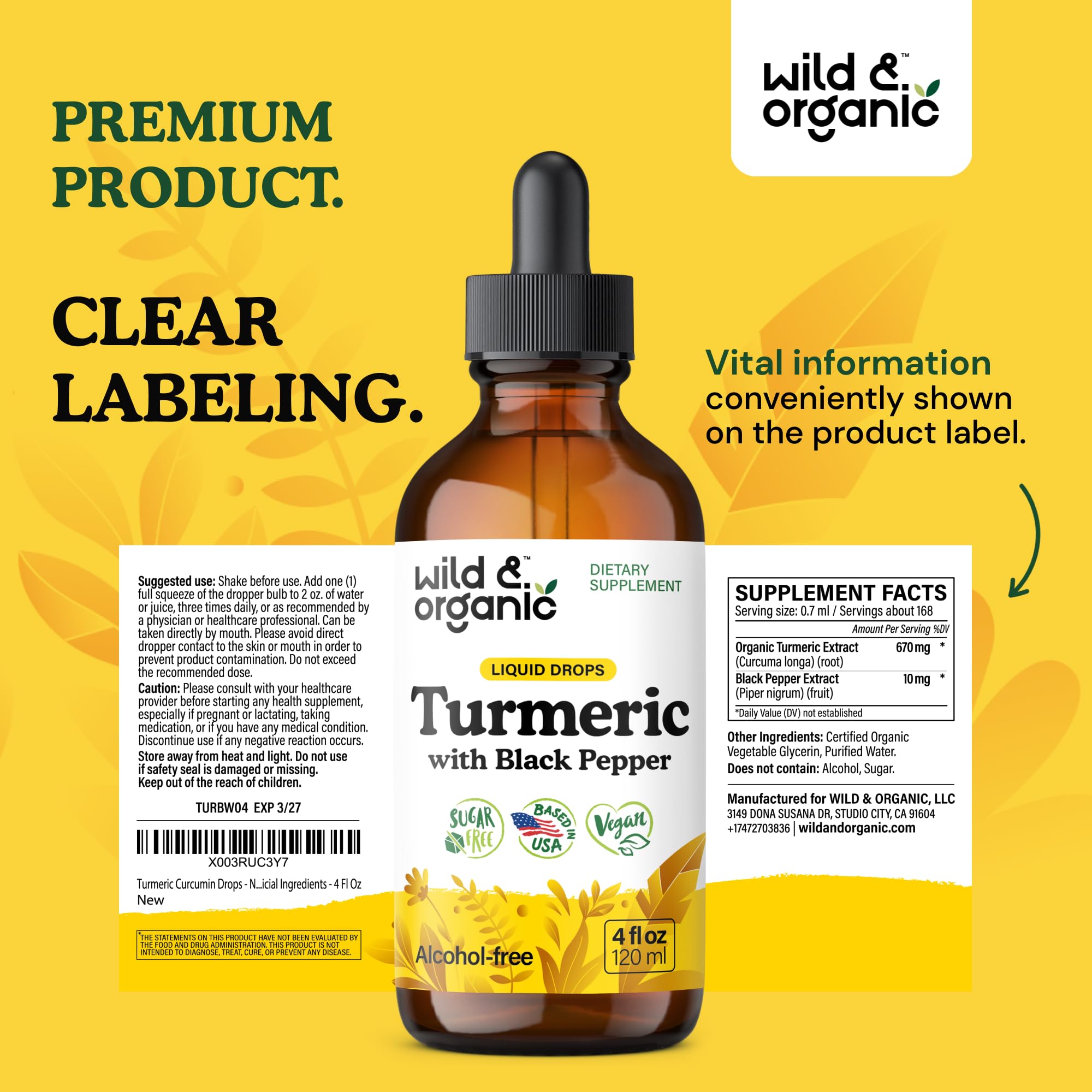 Wild & Organic Turmeric Supplement Liquid Drops - Movement & Immune Support - Liquid Turmeric with Black Pepper Extract - Add to Tea Tincture - Curcumin Supplements - Sugar & Alcohol-Free - 4 fl oz