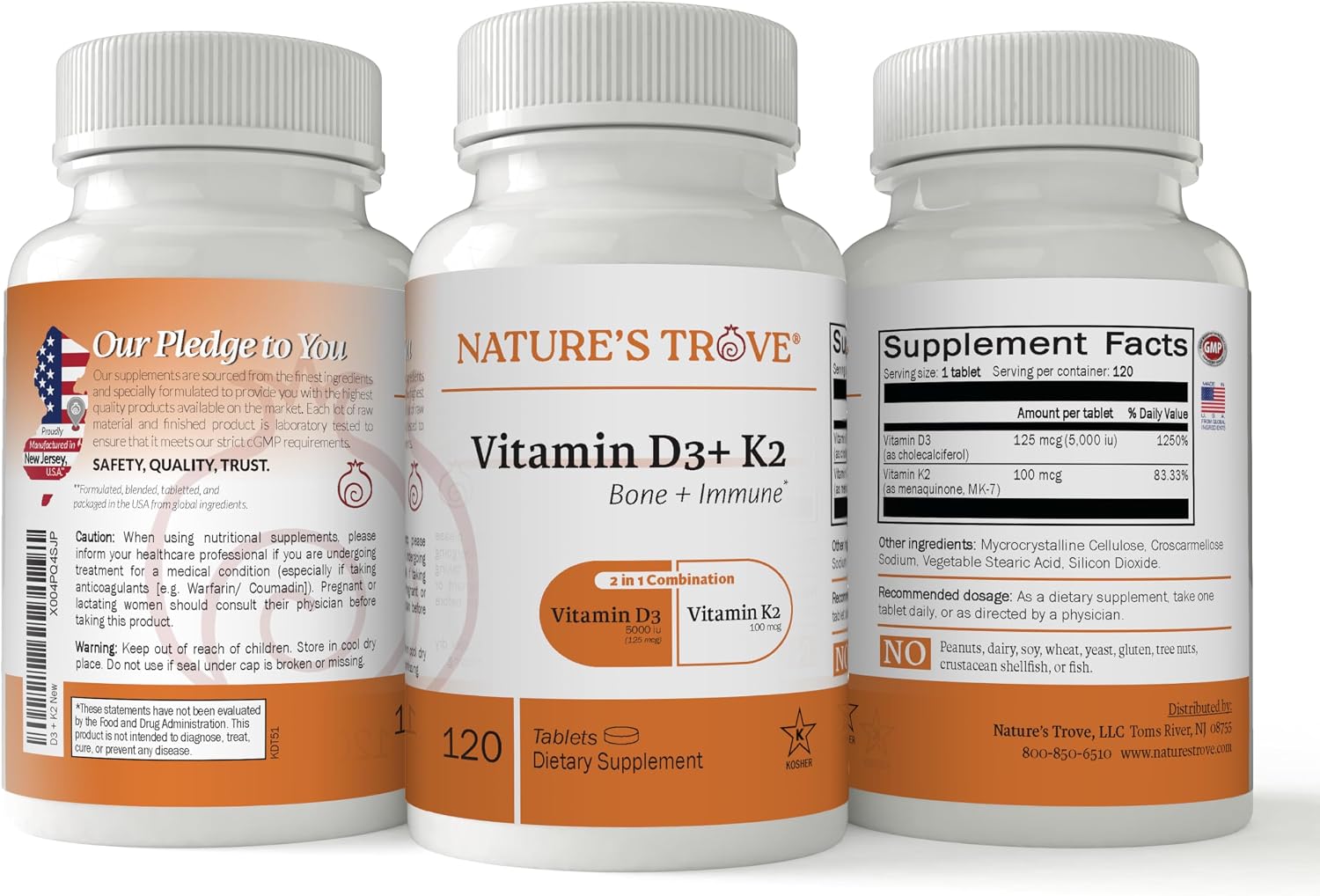 Nature's Trove Vitamin D3 5000 IU Plus K2 100mcg for Bone Health & Immune Support - 120 Tablets - 2-in-1 Formula