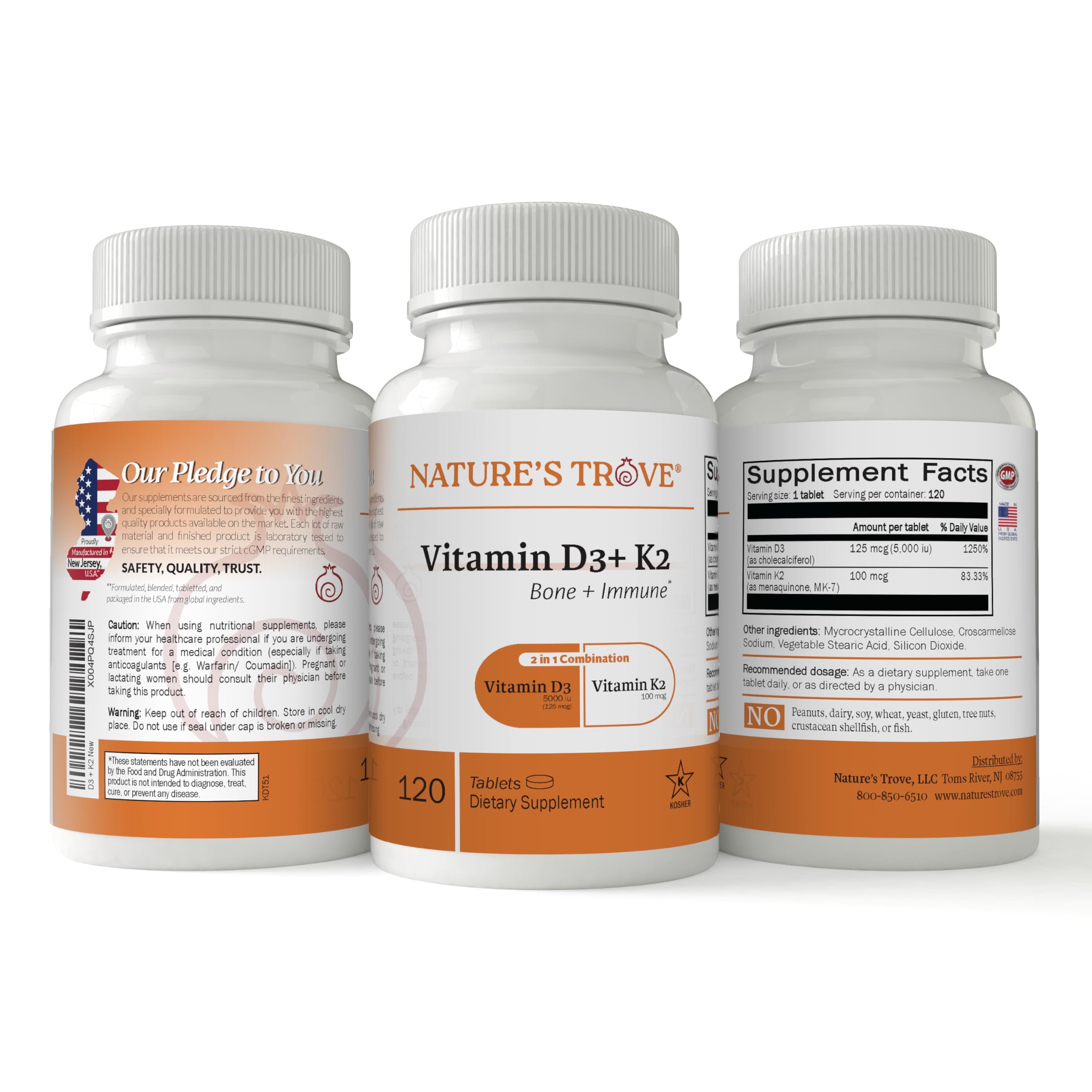 Nature's Trove Vitamin D3 5000 IU Plus K2 100mcg for Bone Health & Immune Support - 120 Tablets - 2-in-1 Formula