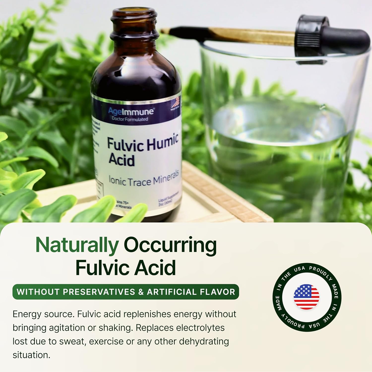 Fulvic Humic Acid 75 + Ionic Trace Minerals - Plant Derived in USA - Fulvic Acid Minerals Liquid Concentrate for Energy, Gut Health and Hydration- 500 mg of Fulvic Humic Acid per Serving - 2 oz.