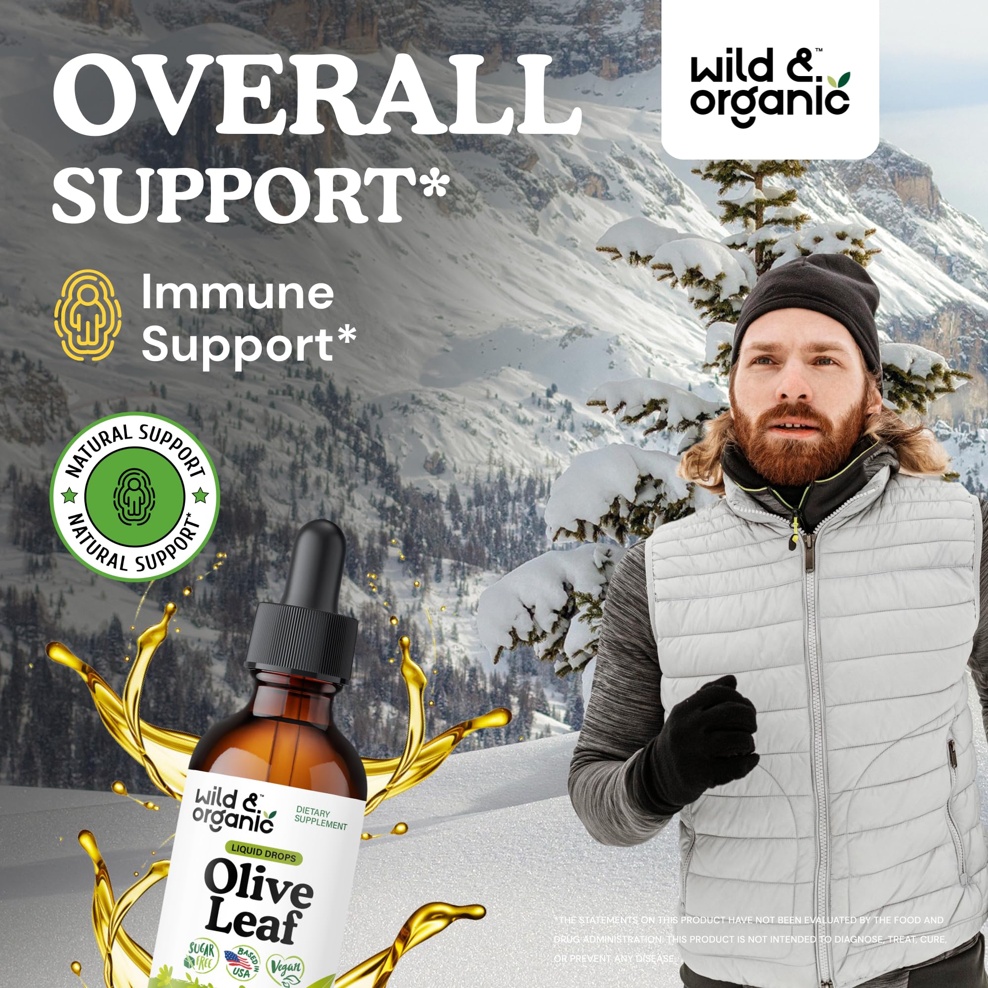 Wild & Organic Olive Leaf Extract Liquid Drops - Immune & Antioxidant Support - Oleuropein Supplement - Add to Tea Olive Leaf Tincture - Vegan, Sugar & Alcohol Free - 4 fl oz