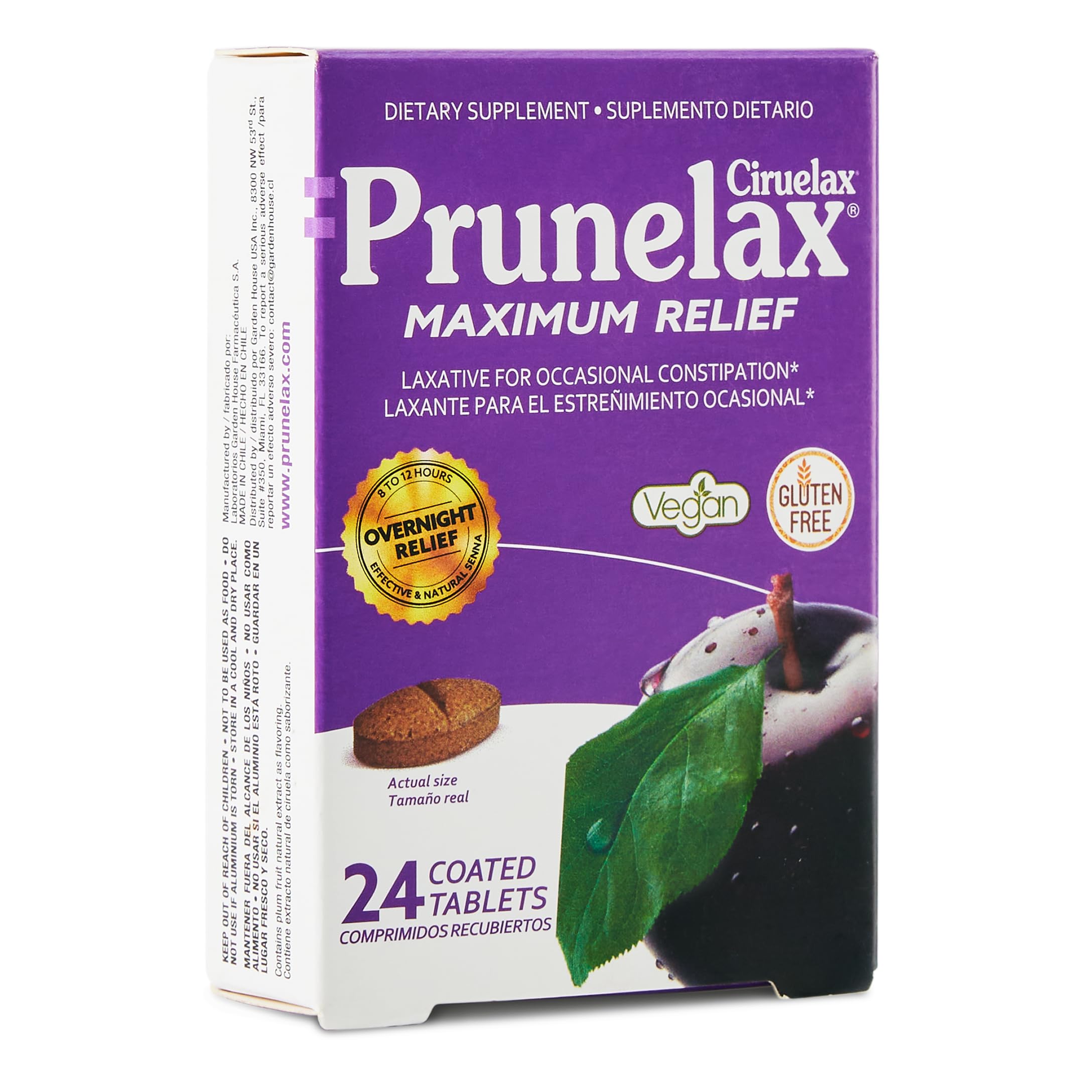 Prunelax Ciruelax Maximum Relief Laxative Tablets with Natural Senna for Occasional Constipation, Senna Extract, Vegan & Gluten-Free, Gentle Overnight Relief - 100ct