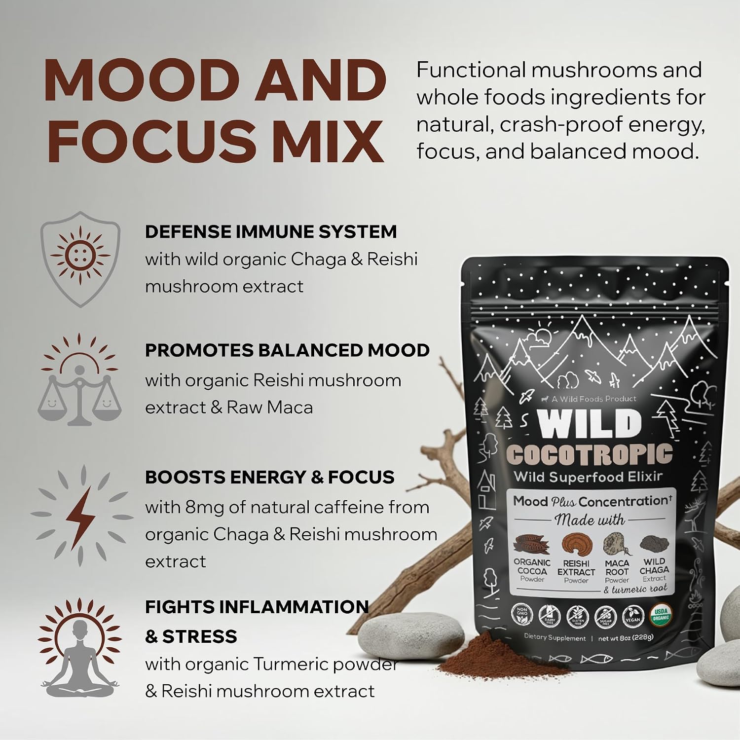 Cocotropic Organic Mushroom Cacao Mix (16oz) & Collagen Peptides (16oz) Bundle for Skin, Hair, and Joint Support
