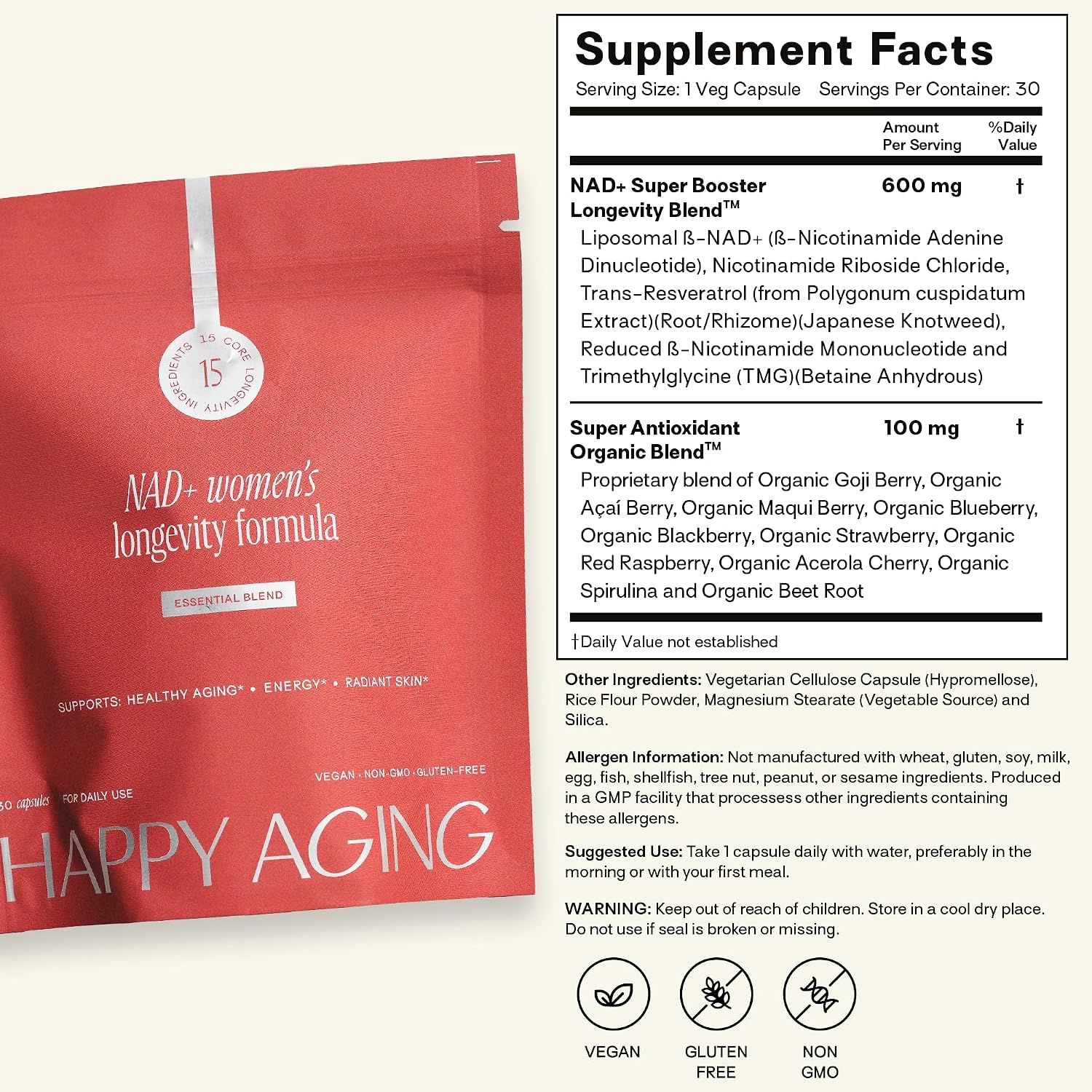Happy Aging Essential Longevity Formula, NAD+ Super Booster with NR, NMNH & Liposomal β-NAD+, Organic Antioxidant Superfruit Blend for Cellular Energy, Skin Hydration & Daily Vitality, 30 Capsules