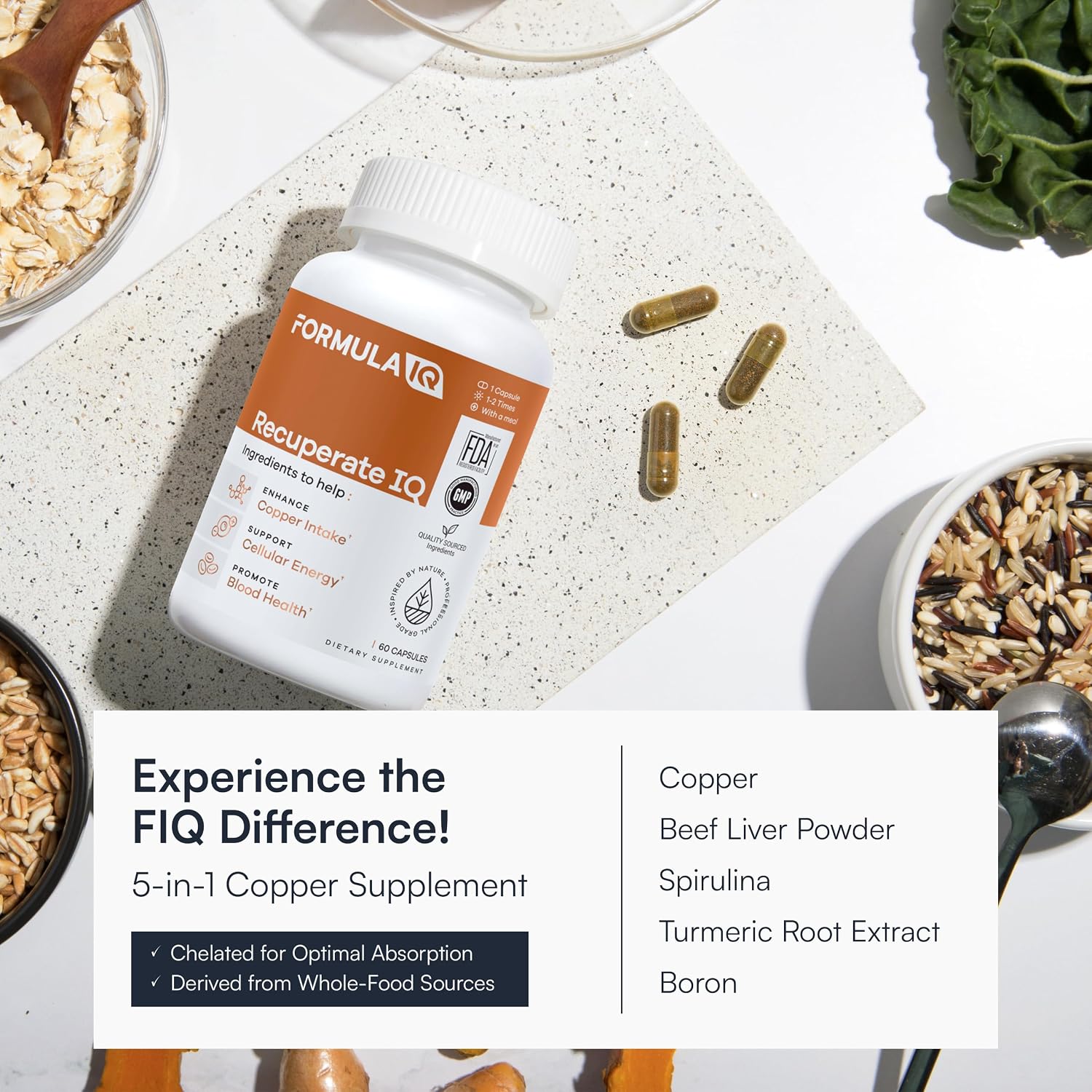 Formula IQ - Recuperate IQ - 5-in-1 Copper Supplements with Copper Bisglycinate - Easy-to-Swallow 2 mg Capsules - High Absorption, Boosts Energy - 60 Capsules