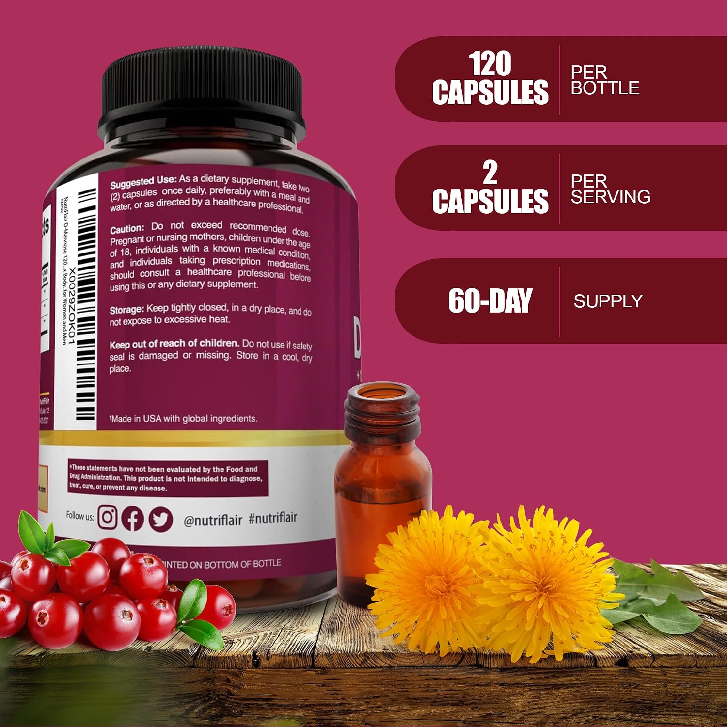 NutriFlair D-Mannose 120 Capsules, 1500mg - with Cranberry and Dandelion Extract - Natural Urinary Tract Health UTI Support - Best D Mannose Powder - Flush Impurities, Detox Body, for Women and Men