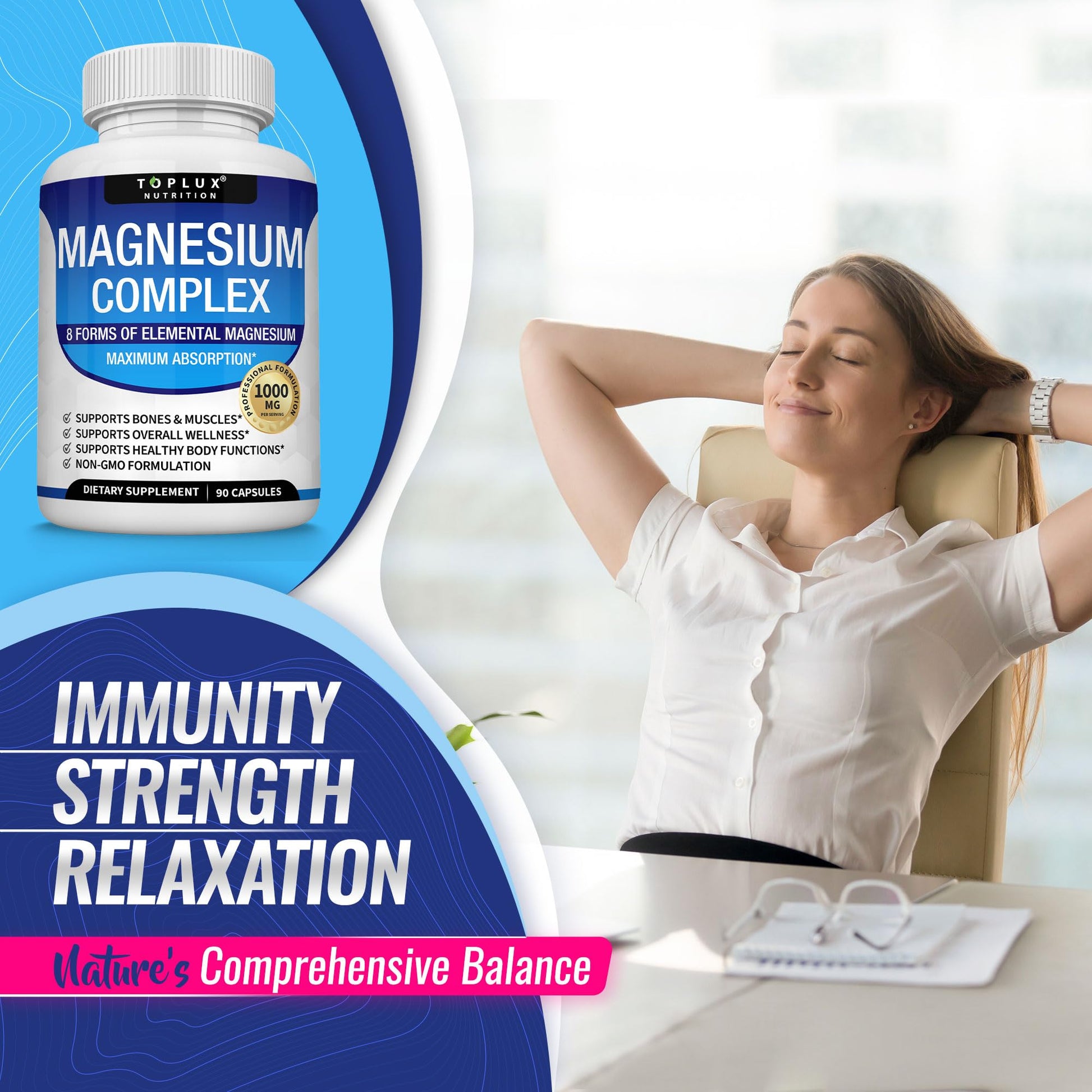 Magnesium Complex Supplement 8 Elemental 1000mg - Magnesium Glycinate, Citrate, Malate, Taurate, Chelated for Easy Absorption for Bones, Muscle, Recovery, Energy, Vegan Non-GMO 90 Capsules Toplux buy supplements Au