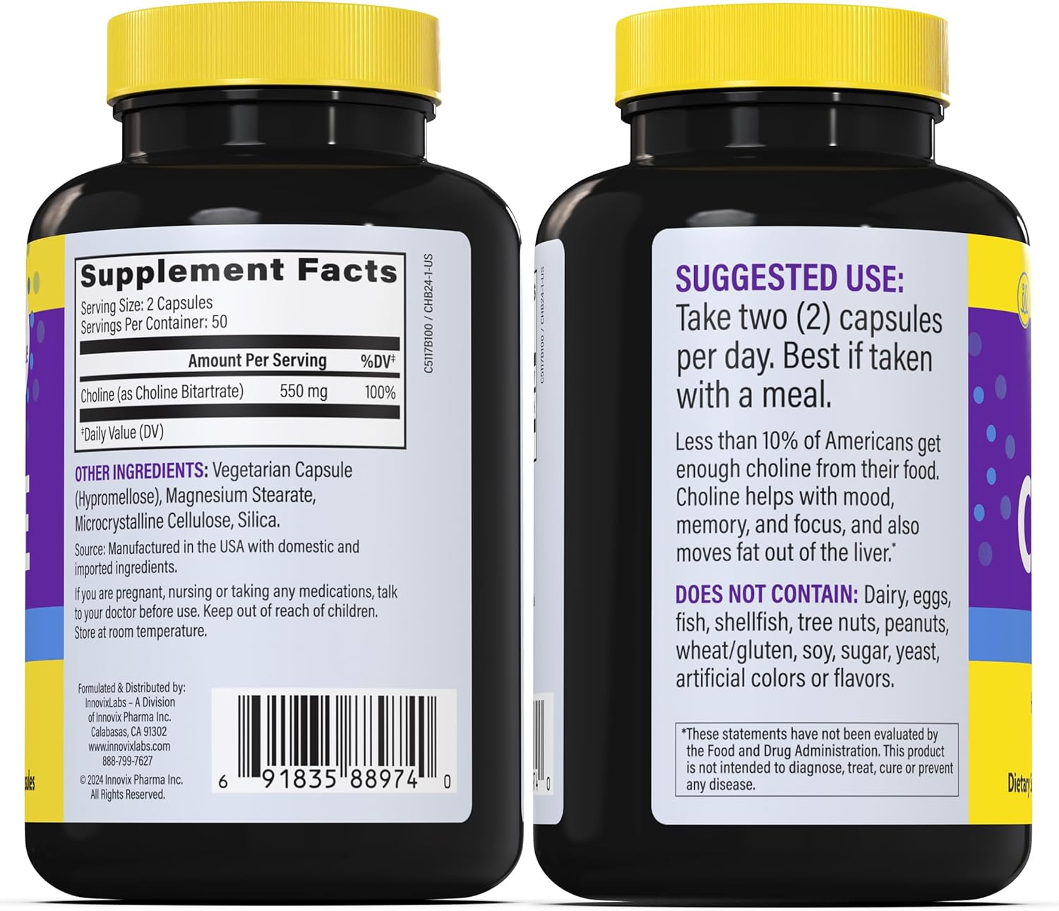 InnovixLabs Choline Supplement 550 mg, Pure Choline Bitartrate Brain Supplement for Memory and Focus, Supports Liver Function and Mental Clarity for Women and Men, Non-GMO, 50-Day Supply