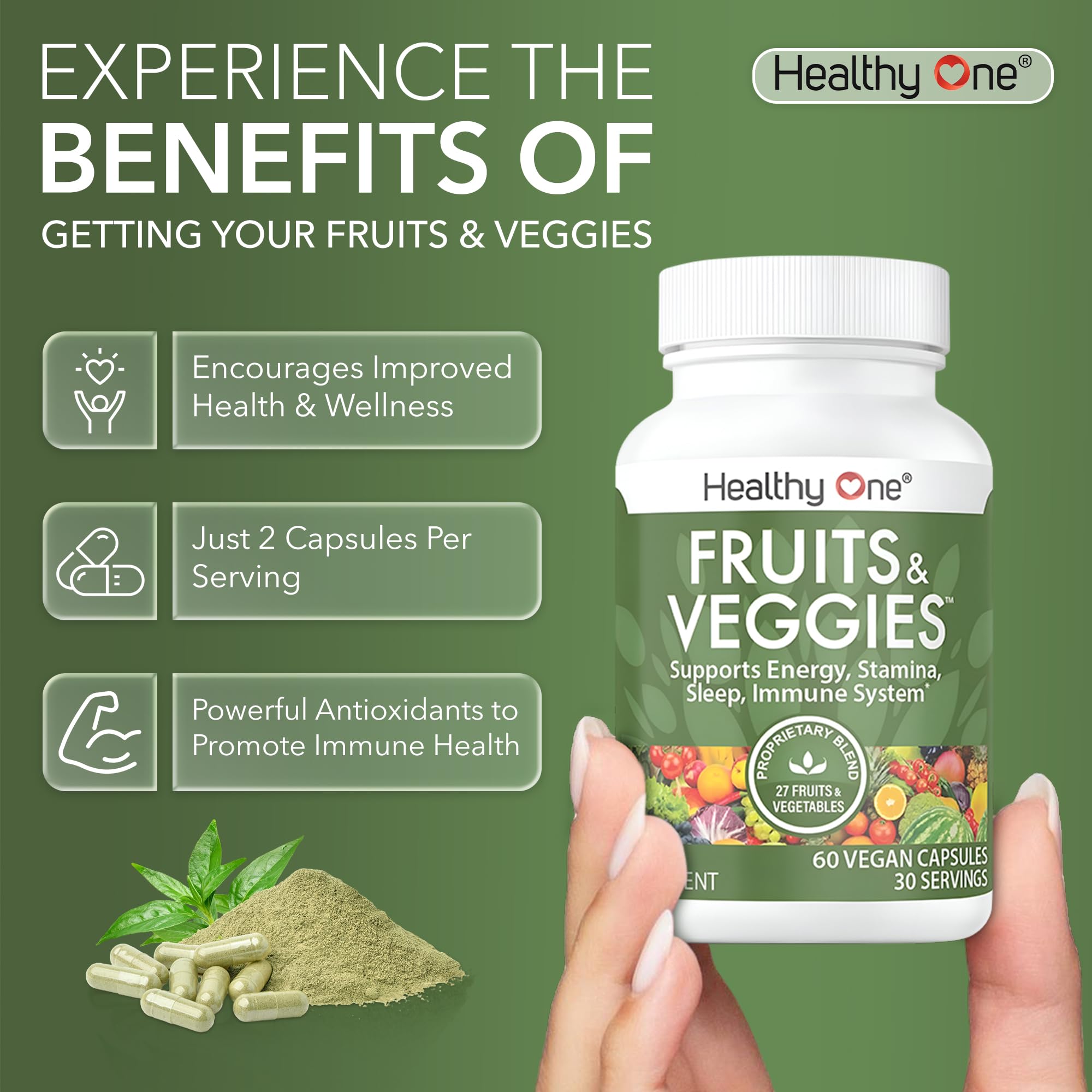 Fruits & Veggies Formula - 27 Premium Whole Foods - Organic Ingredients - Equals 3 Servings of Fruits & Vegetables - Improve Energy, Focus & Immune Function - Fiber - Antioxidants - 120ct (60 Serv) Healthy One buy supplements Au