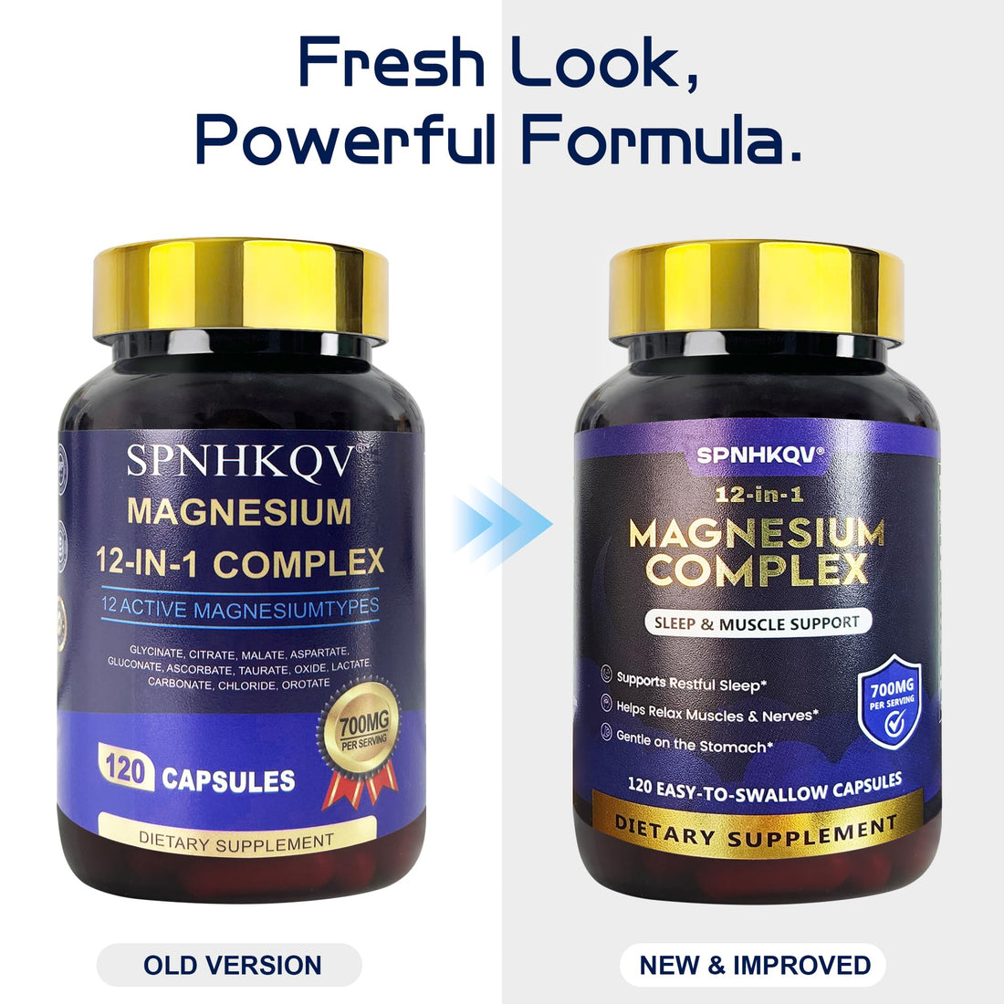 Supplement bottle labeled '12-in-1 Magnesium Complex' with white capsules on a white background