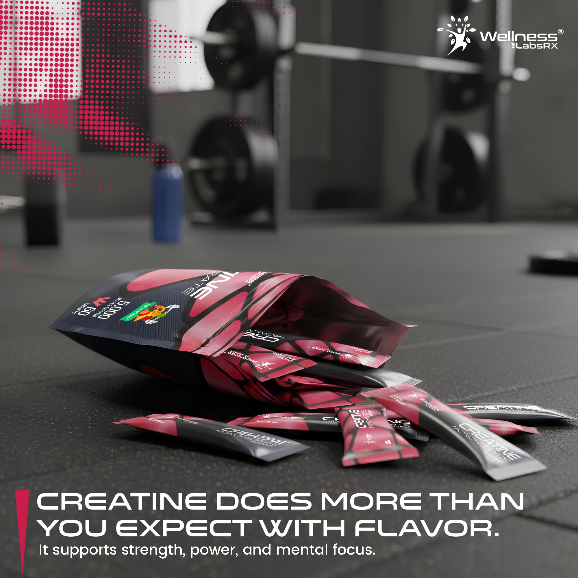 WELLNESS LABSRX Creatine Monohydrate Powder Sachets 300g – Fruit Punch Flavor Micronized Creatine Powder Supplement, Creatine for Women and Men, Supports Strength, Energy, Performance - 60 Servings