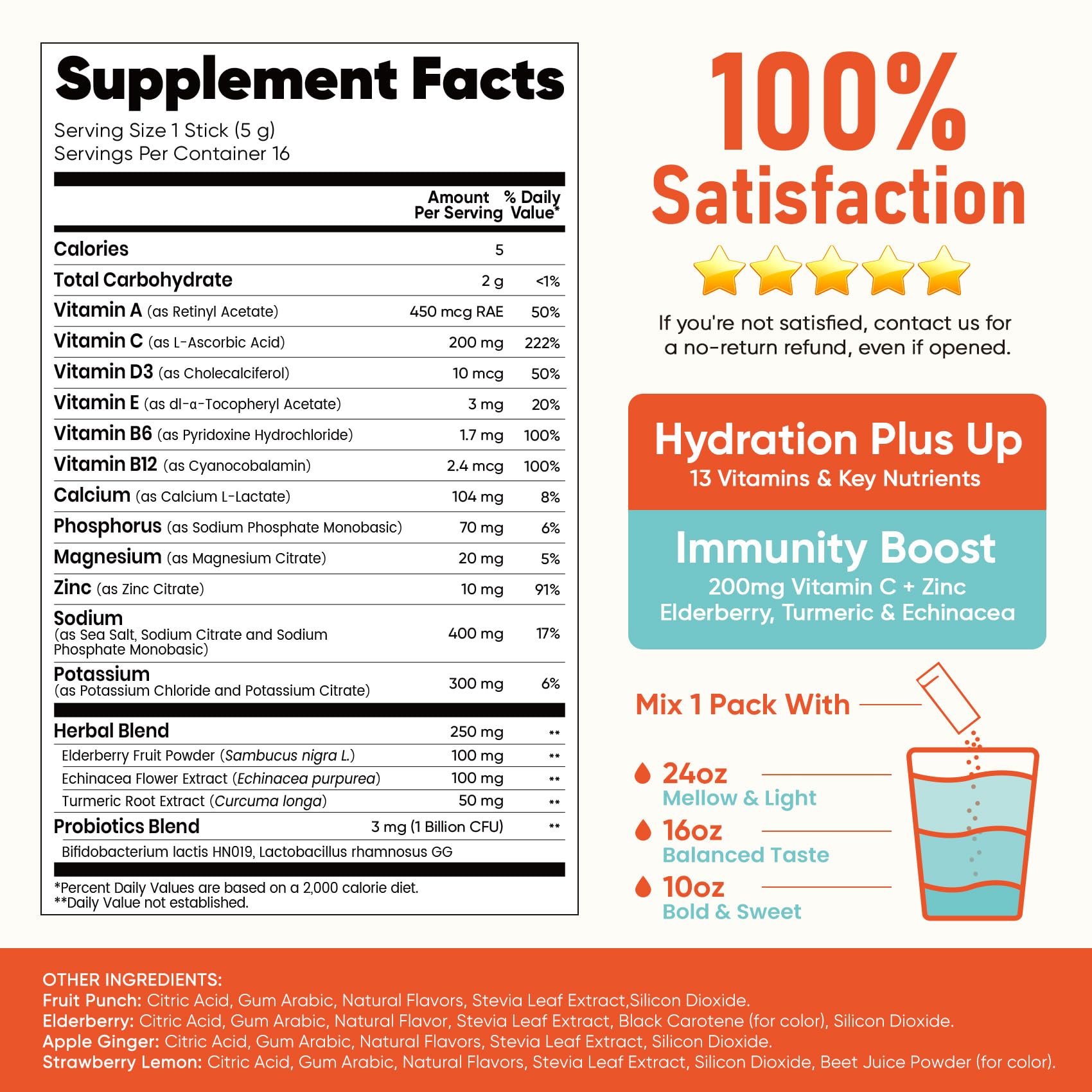 Venture Pal Sugar Free Hydration Packets+Immune-Liquid Daily IV Drink Mix | Electrolyte Powder with 7 Electrolytes & 6 Vitamins, Probiotics + Elderberry | Non-GMO, Keto Friendly, Vegan | 16 Sticks