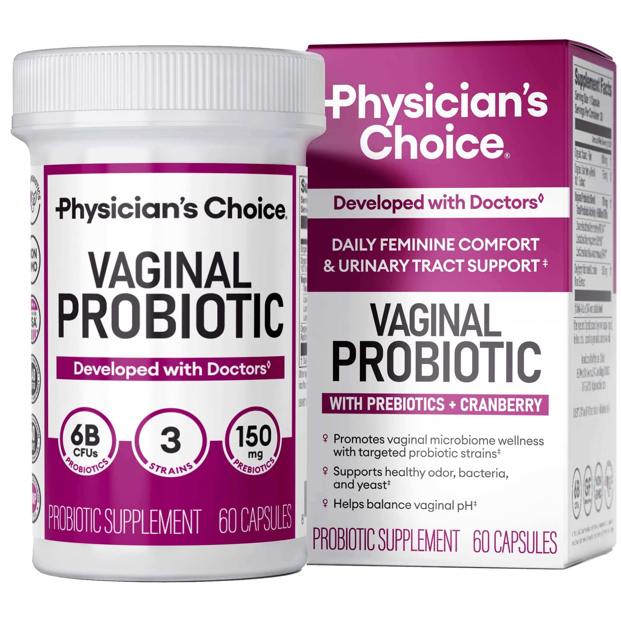 Physician's CHOICE Vaginal Probiotics for Women, pH Balance & Odor, 30ct | Supports Odor Control, Vaginal Flora, Yeast Balance & Feminine Health, 6B CFU, Organic Prebiotics, Cranberry Extract