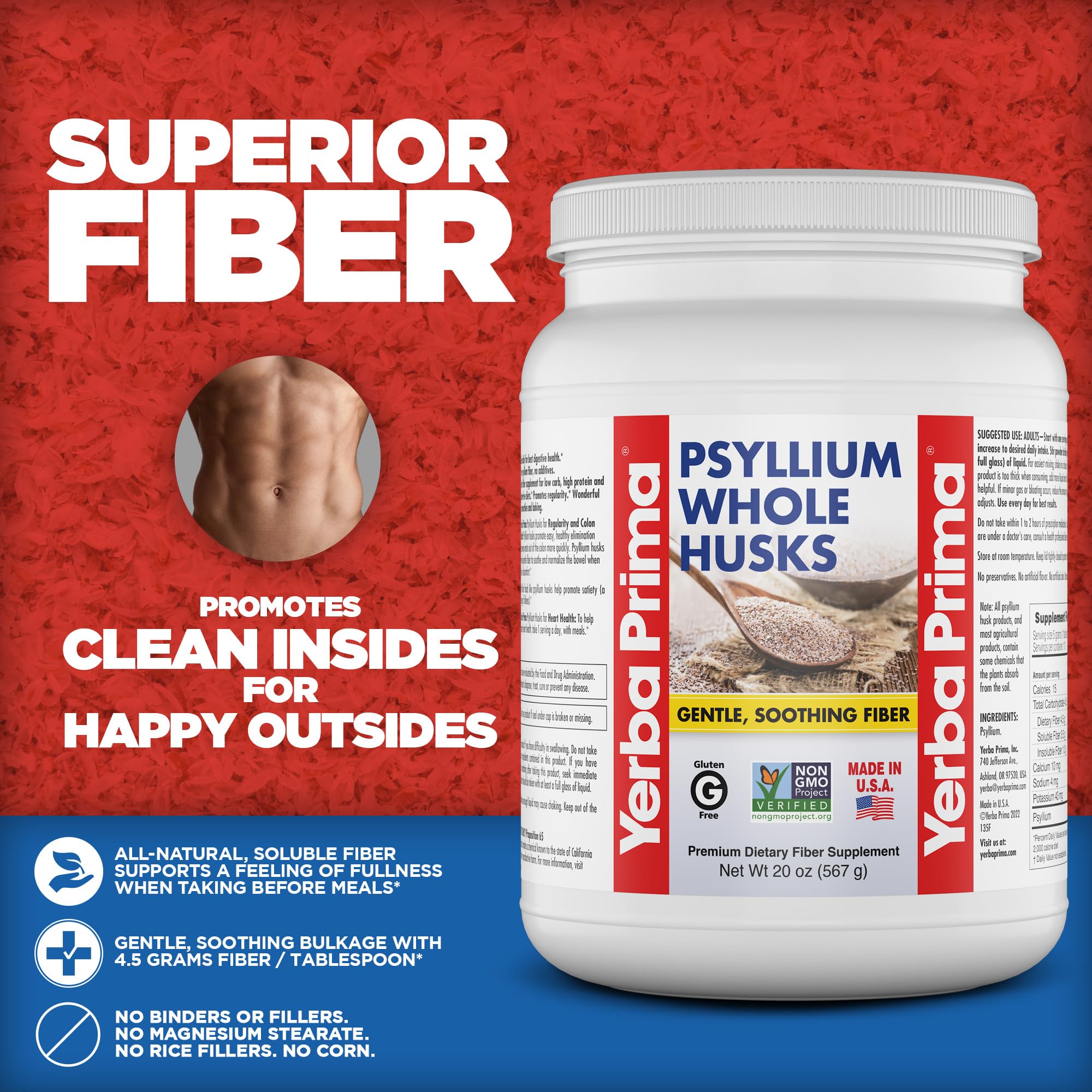 Yerba Prima Psyllium Whole Husks Fiber Supplement 20oz - Colon Cleanse - Gut Health - Vegan Non-GMO Gluten Free